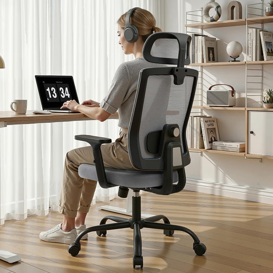 Meilocar Ergonomic Office Chair, Office Desk Chair with High Back Mesh and Adjustable Lumbar Support, Rolling Work Chairs with Wheels and Adjustable Headrests, Wide Cushion, Grey