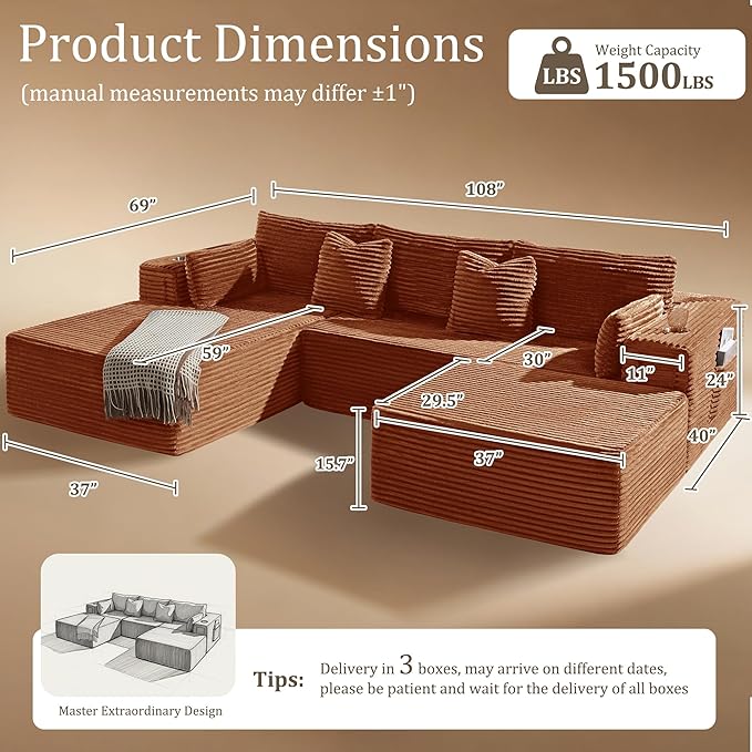 108" Cloud Sectional Couch, Comfort U Shaped Boneless Couch