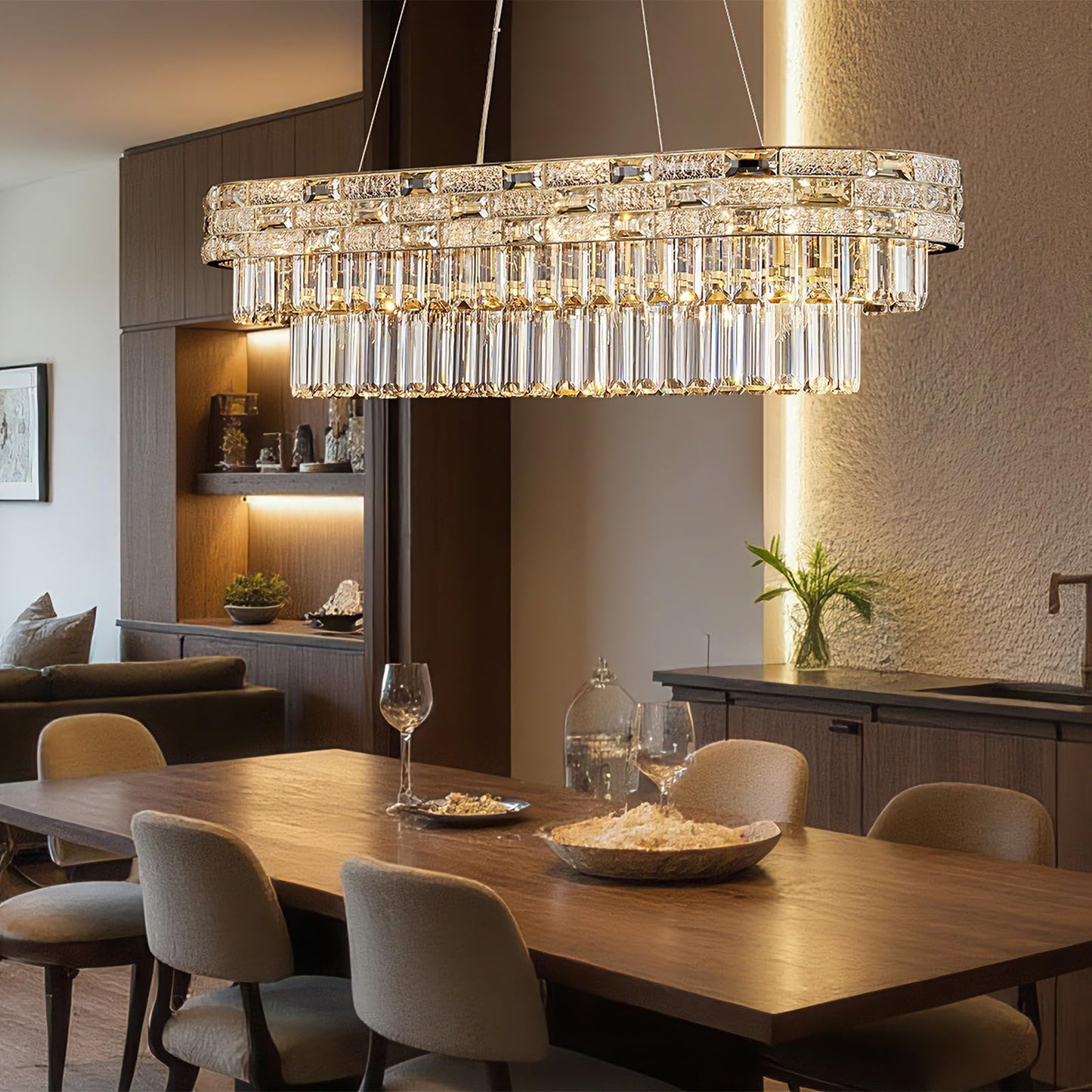 HUANXISHA 34.3" L Modern Crystal Chandeliers for Dining Room 12 Lights Gold Chandelier Large Luxury Chandelier Pendant Light Fixture, Kitchen Island,Entryway,Living Room 34.3" L x 8.7" H