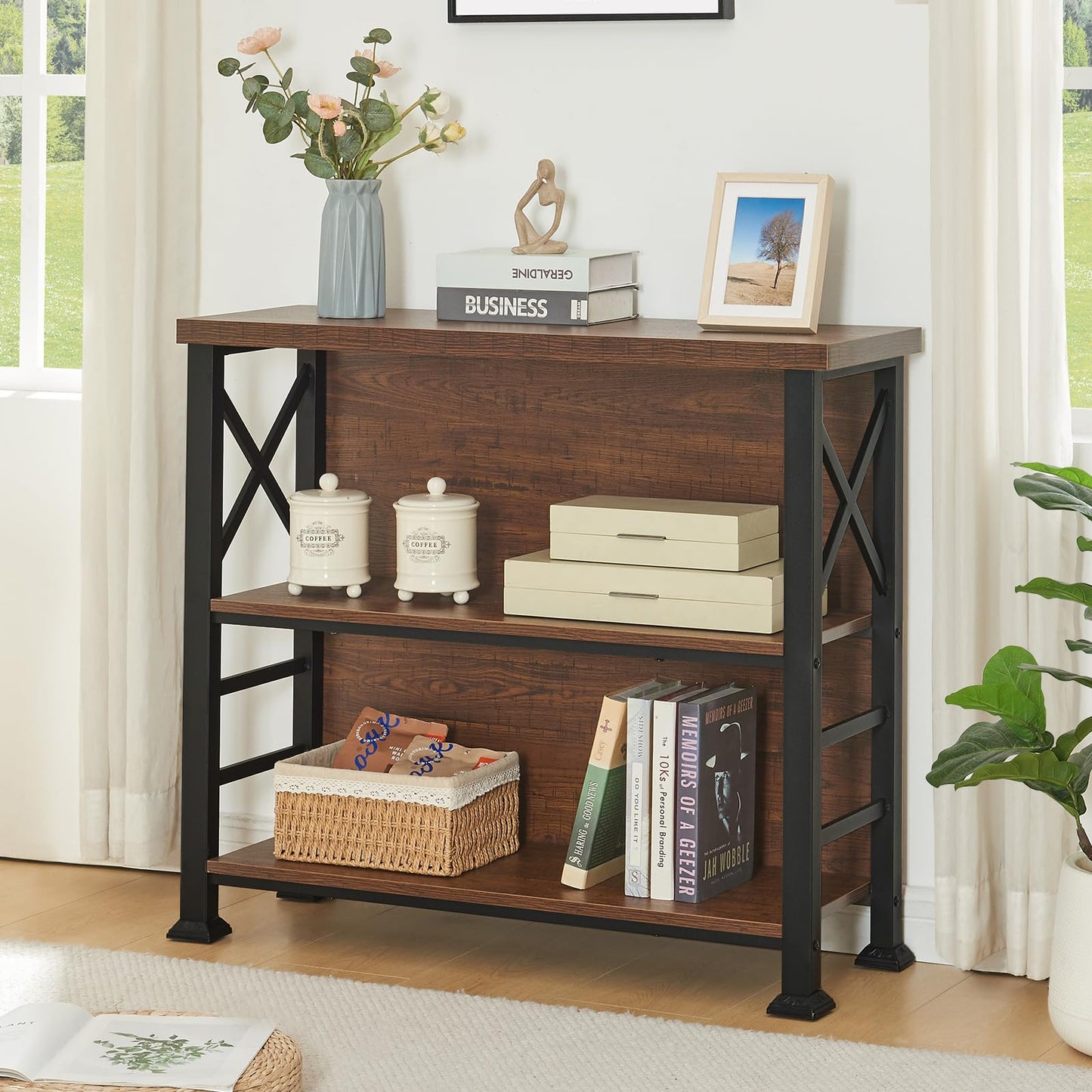 HOMBAZAAR 3-Tier Small Bookshelf, 35.4 Inch Short Book Shelf with Sturdy Metal Frame & Wood Shelves, Rustic Brown Industrial Bookcase for Living Room, Bedroom, Office
