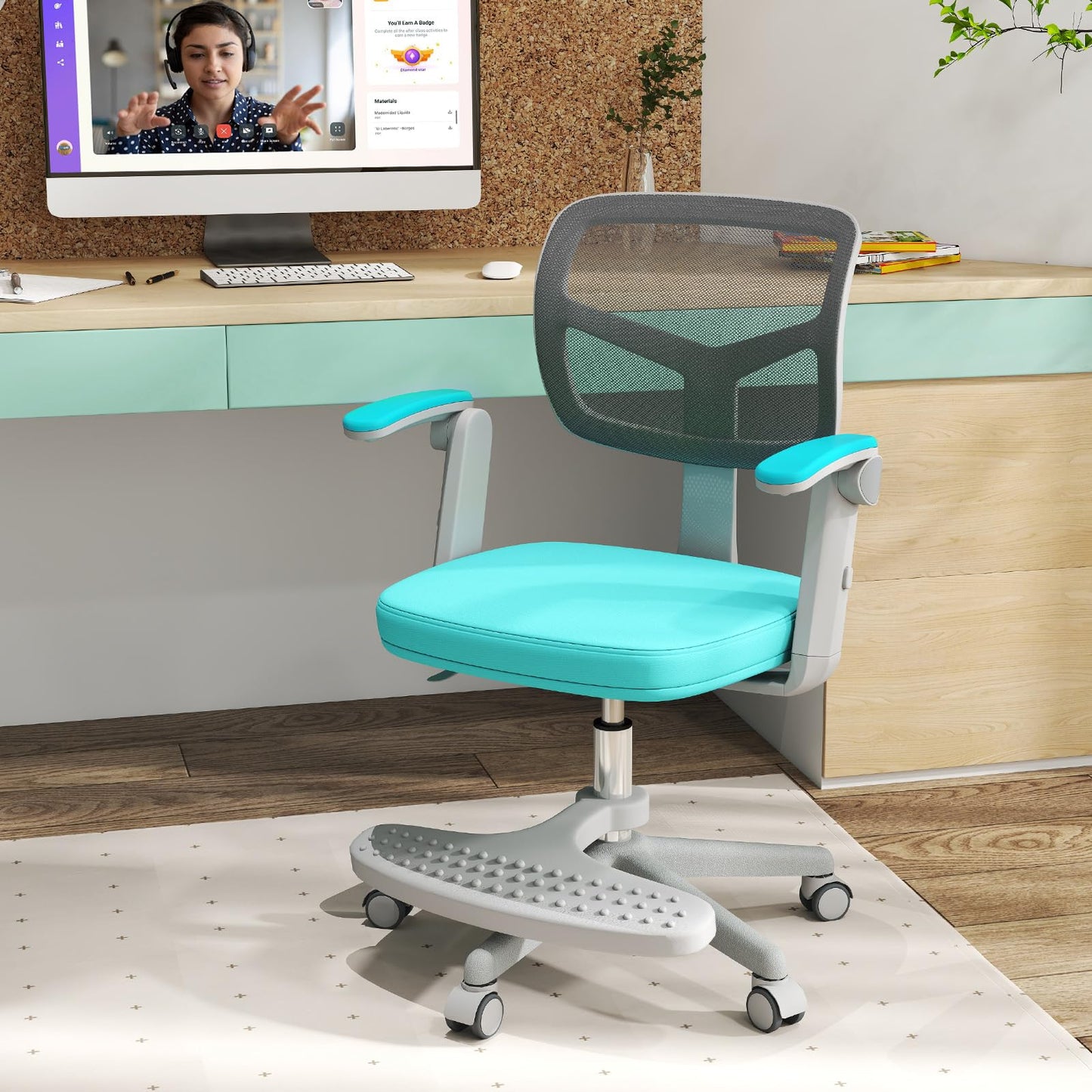 Costzon Kids Desk Chair, Student Ergonomic Computer Chair with Wheels, Footrest, Adjustable Height, Flip-up Armrests & Soft Removable Cushion, Swivel Rolling Kids Office Chair for 3-15 (Green)
