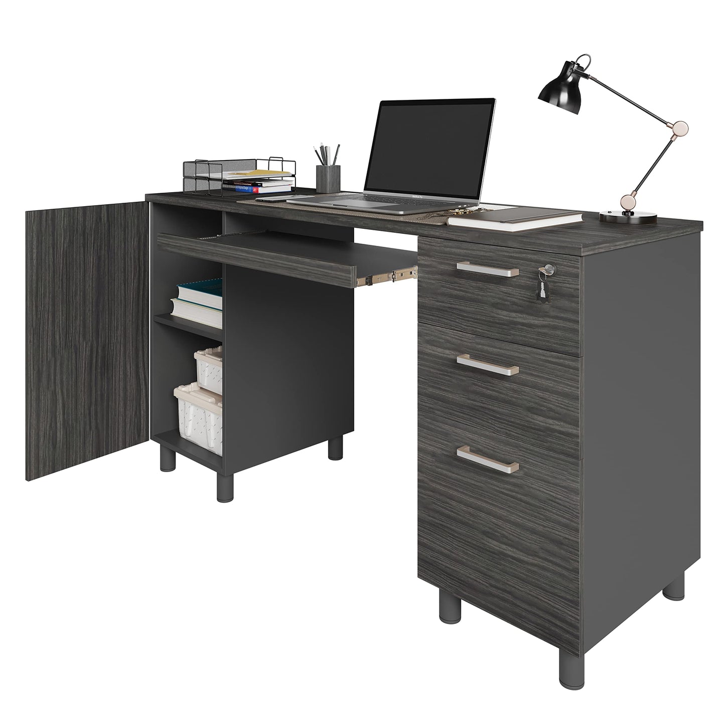 Modern Design Venice Computer Desk with Lockable Drawers, 53 Inch Home Office Desk with Storage Cabinet, Keyboard Tray & Cable Management, Modern Study Writing Desk for Small Spaces, Black and Grey