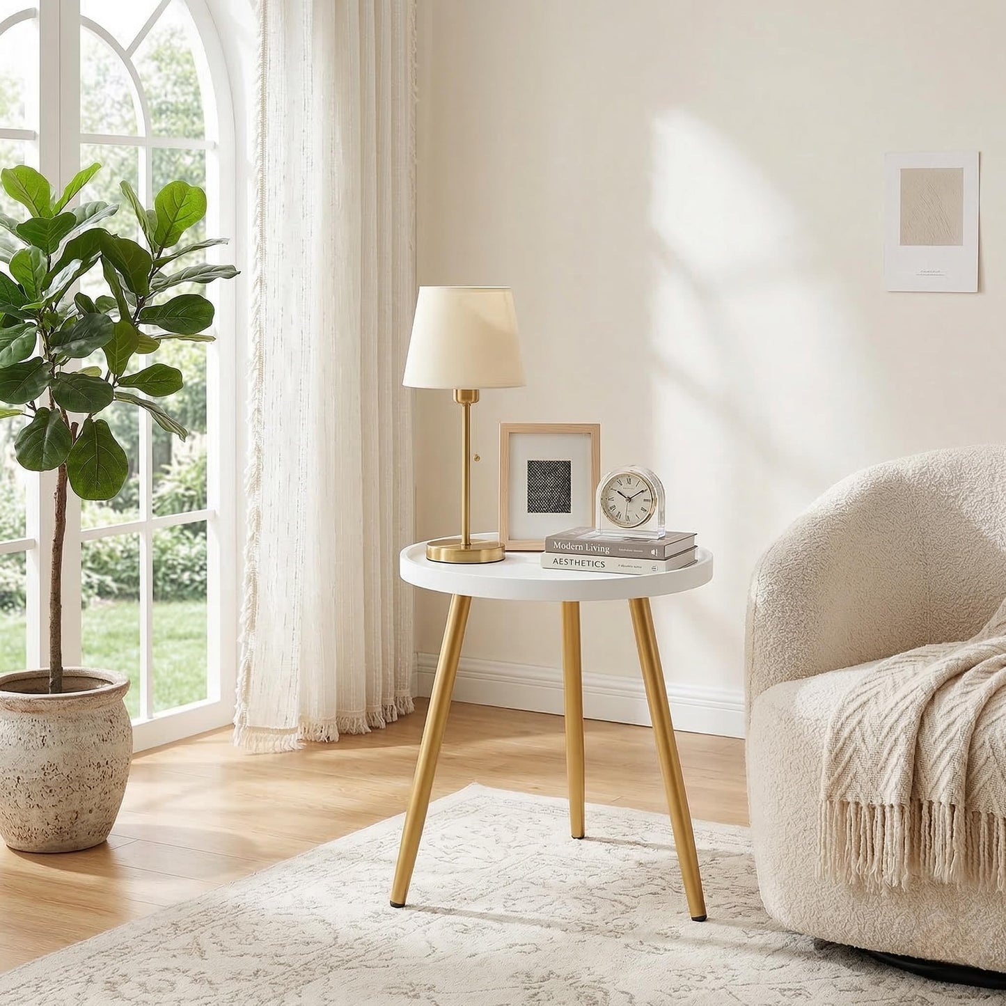 danpinera Small Round Side Table, Mini White Table with Wooden Tray & Metal Legged, Gold Side Table for Small Space, Living Room, Bedroom, Nursery, 14.96" D x 14.96" W x 17.52" H, White & Gold