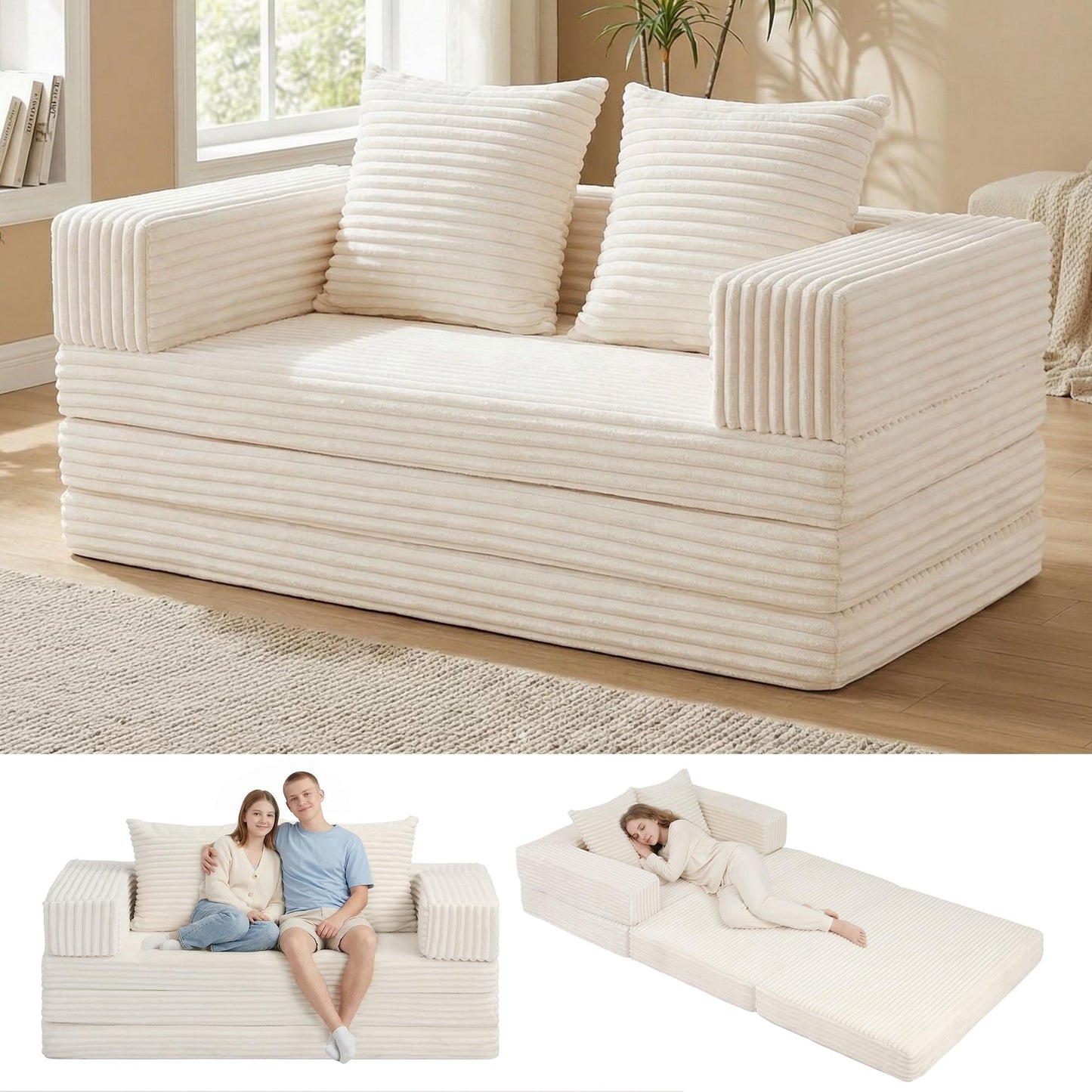 Winzoo Convertible Sofa Bed, 4-in-1 Boneless Loveseat with Removable Armrests Backrest, Corduroy Futon Couch Bed with Pillow, Foldable Mattress Sleeper Sofa for Living Room Bedroom Small Place (Beige)