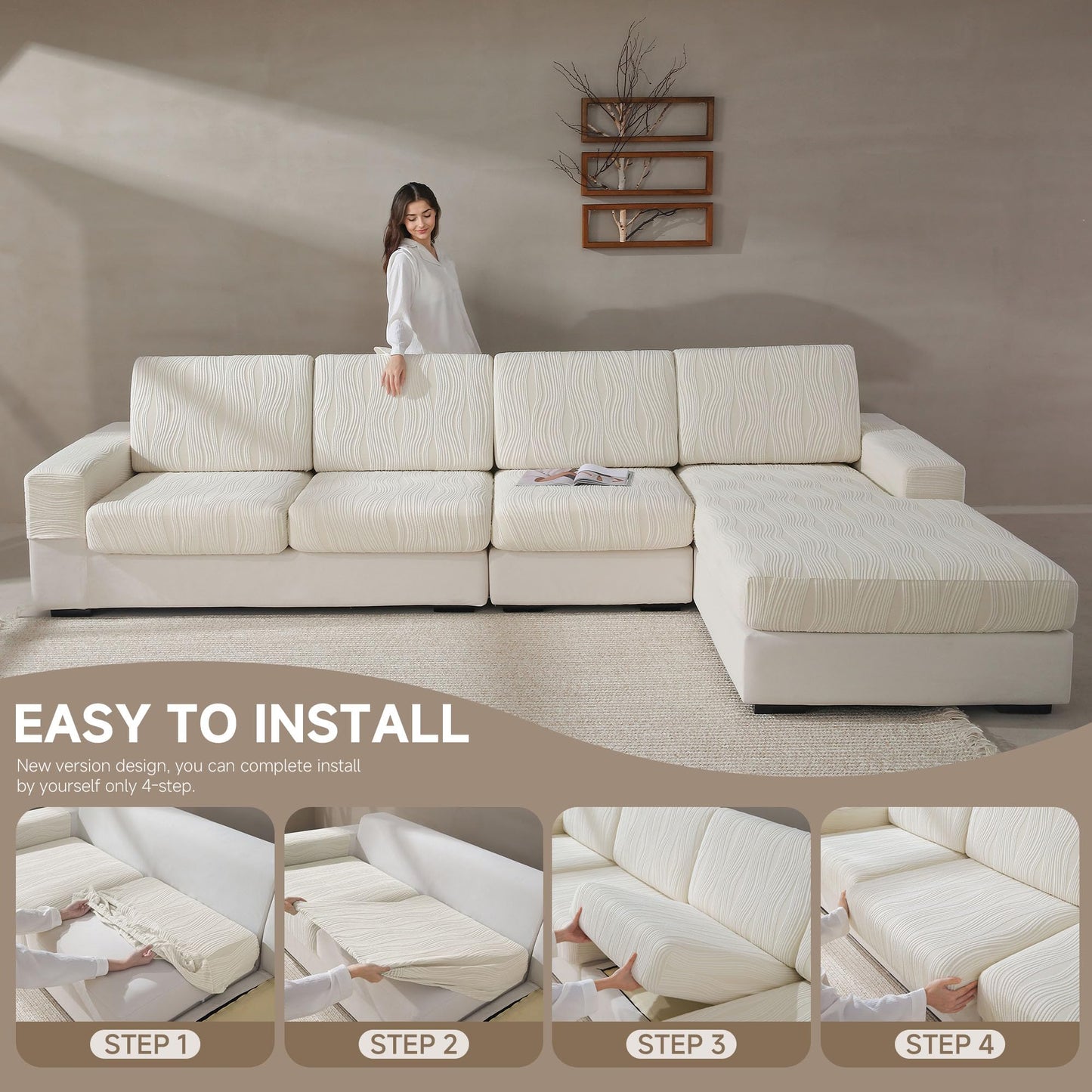 QIANMEW Couch Cushion Covers, Super Stretch Washable Sofa Slipcovers for L Shaped & Modular Seats, Pet-Friendly Furniture Protector with Stripe Design, (1 Seat Cover XL, Ivory)