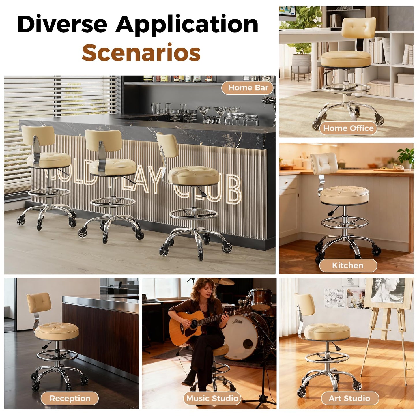 FREEKYROCK Office Drafting Chair with Footrest, Tall Height Adjustable Stool with Back Support, Heavy Duty Rolling Stool Chair with Wheels for Office Home Kitchen Bar Shop Guitar Studio Vanity, White
