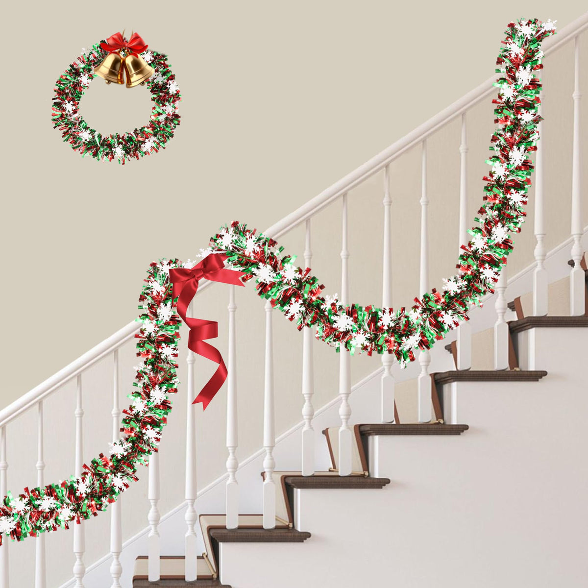 50FT Red Green White Christmas Tinsel Garland with Snowflake Ornaments Metallic Shiny Xmas Garland for Christmas Tree Decoration Holiday Hanging Garlands Indoor Outdoor Home Office Party Holiday Decor
