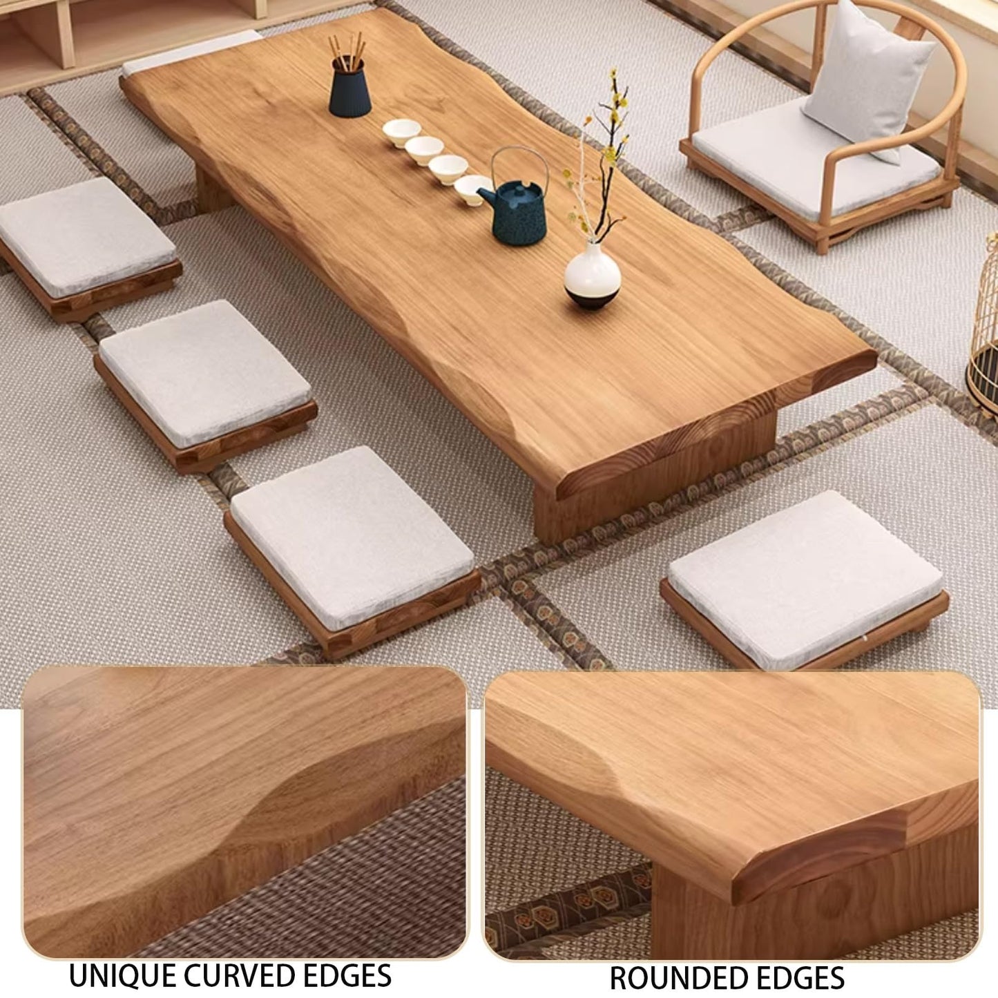 GLDGJMZ Zen Low Floor Table Solid Wood Japanese Tea Table with Embedded Tray & Wrought Iron Legs Coffee Table for Living Room Meditation & Tea Ceremony (55.1" x 23.6" x 13.8")