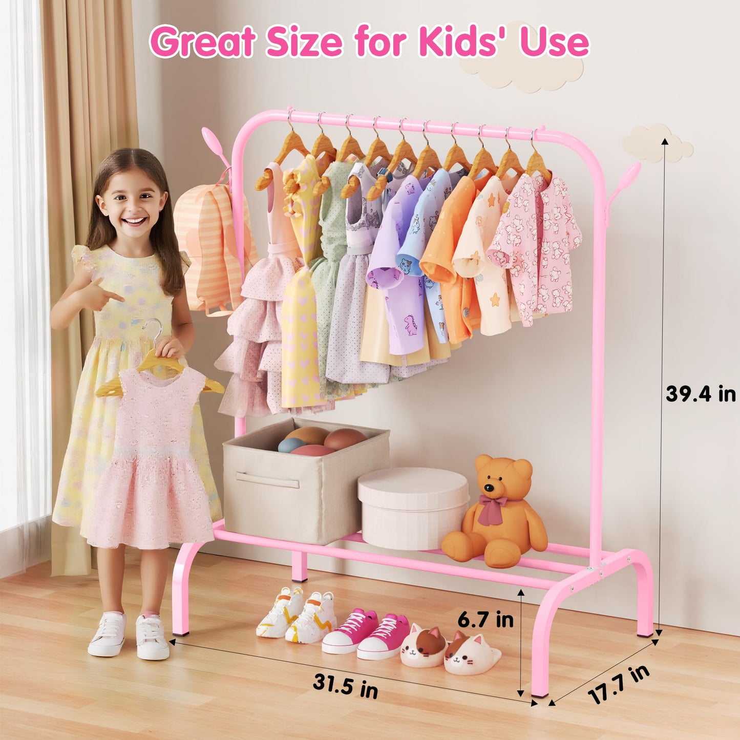 FLOUREE Kids Clothes Rack for Ages 3-6, Montessori Kids Clothing Rack with Bottom Shelf & Side Hooks, Toddler Wardrobe Rack for Bedroom, Playroom, Nursery and Small Room Storage, Pink