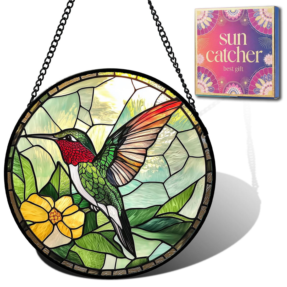Hummingbird Gifts for Mom - Green Bird Faux Stained Glass Window Hanging Sun Catcher for Door Garden Acrylic Decor Mother's Day Birthday for Bird Lover Women Nana Men Grandma 7.8"