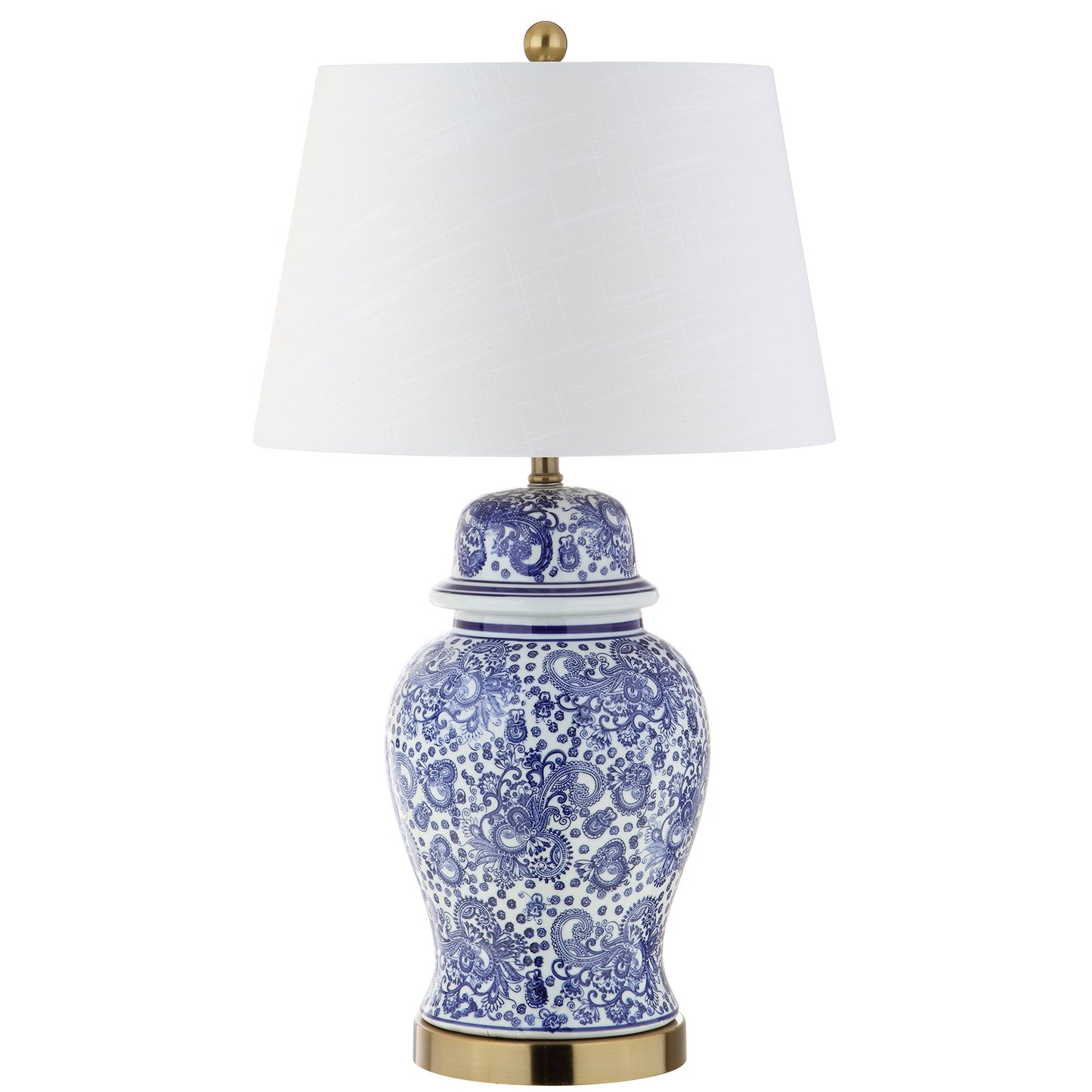 JONATHAN Y 29.5" Blue/White Ceramic Table Lamp for Living Room and Office, White Linen Drum Shade, Traditional Chinoiserie Ginger Jar Lamp, LED Bulb Included JYL3008A