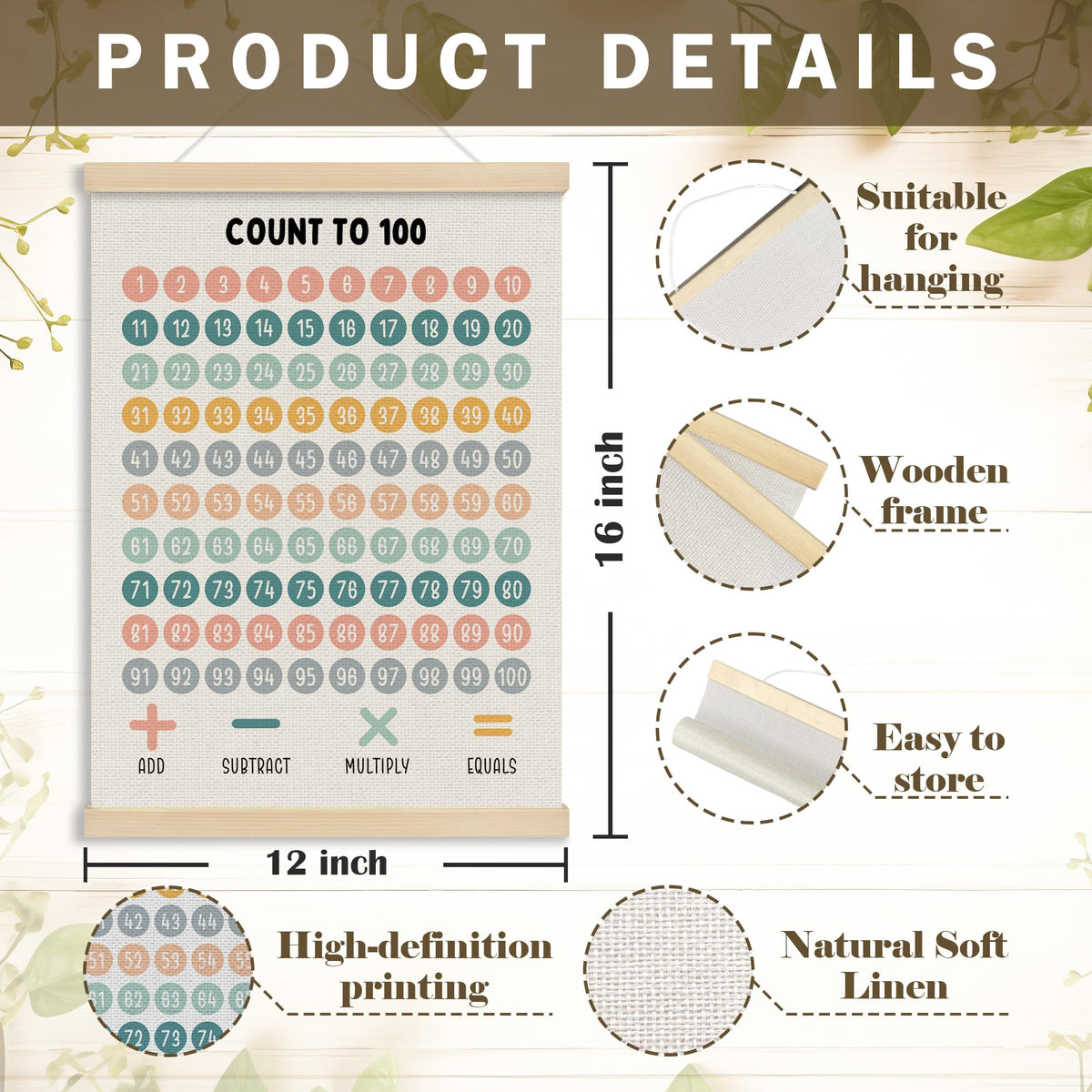 MOTERMATE Boho 1-100 Number Chart Wall Art Poster, Educational Toddler Learning Homeschool Canvas Poster Hanger Frame for Preschoolers, Hundreds 100 Chart Wall Hanging Decor for Kids Classroom,12x16In