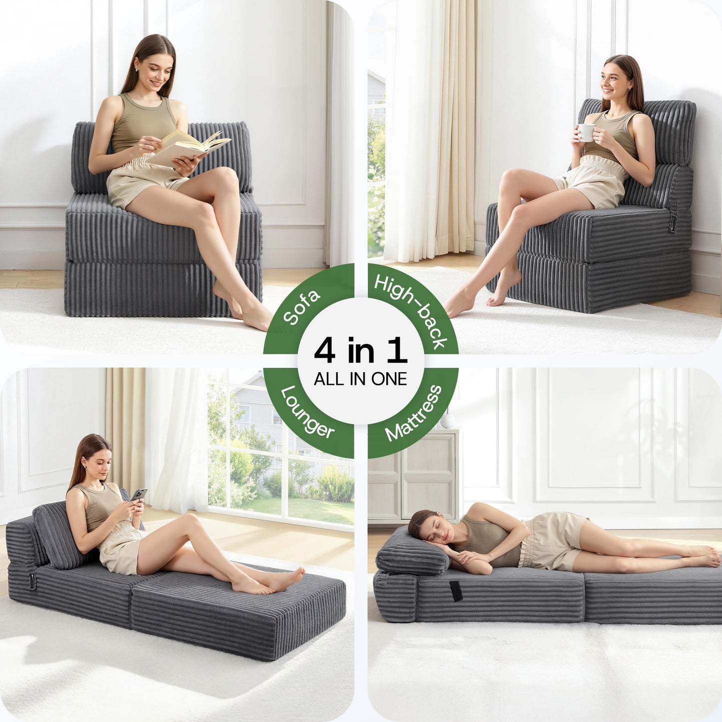 MEGAYES Convertible 4-in-1 Folding Sofa Bed Boneless Sleeper Chair Couch Foldable Chaise Lounger & Mattress Pocket Coils+Foam Medium Support, Portable No Assembly for Living Room/Bedroom, Single XL