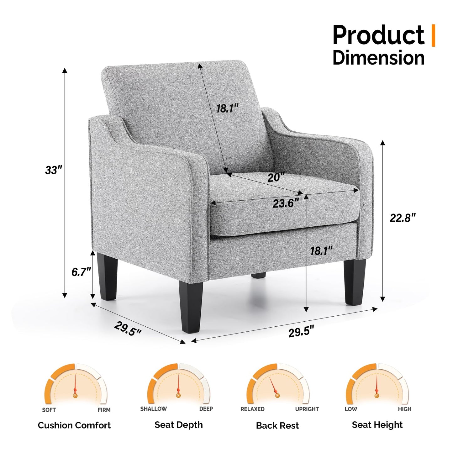 VINGLI Accent Chairs for Living Room Mid Century Modern Chair Sofa Chair Upholstered Arm Chair with Scooped Arms for Bedroom, Apartment, Office, Studio, Waiting Room, Play Room