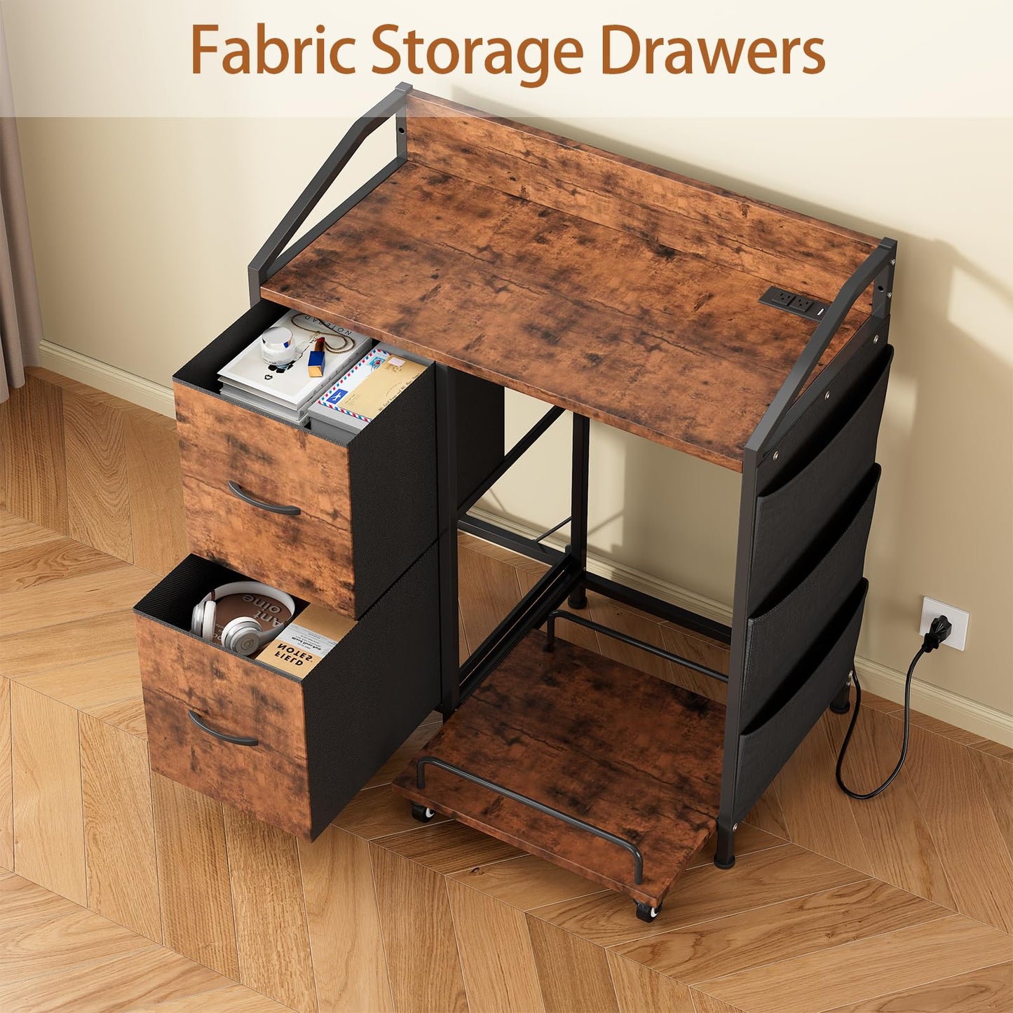 WODRAWER Printer Stand with Fabric Drawers, Lateral Office Filing Cabinets with Power outlets & USB Charging Port, File Cabinet with Large Printer Stands for Home Office, Shredder Stand (Rustic Brown)