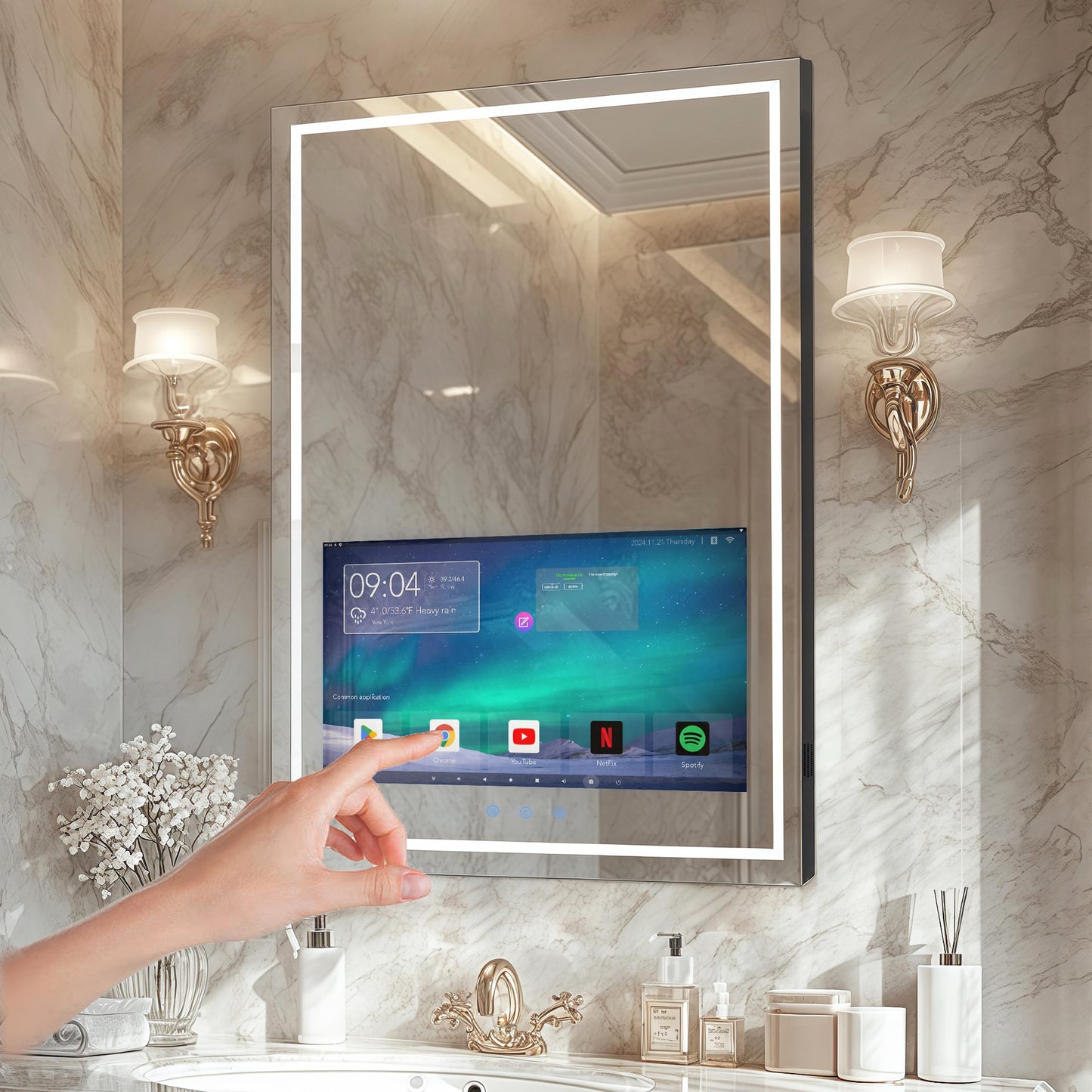 Haocrown 24x32 Inch LED Smart Bathroom Mirror with 21.5" Hidden Touchscreen, Android System, 3Colors Stepless Adjusted, Built-in Speakers, Clock & Weather, Anti-Fog, WiFi Bluetooth HDMI, Wall Mounted