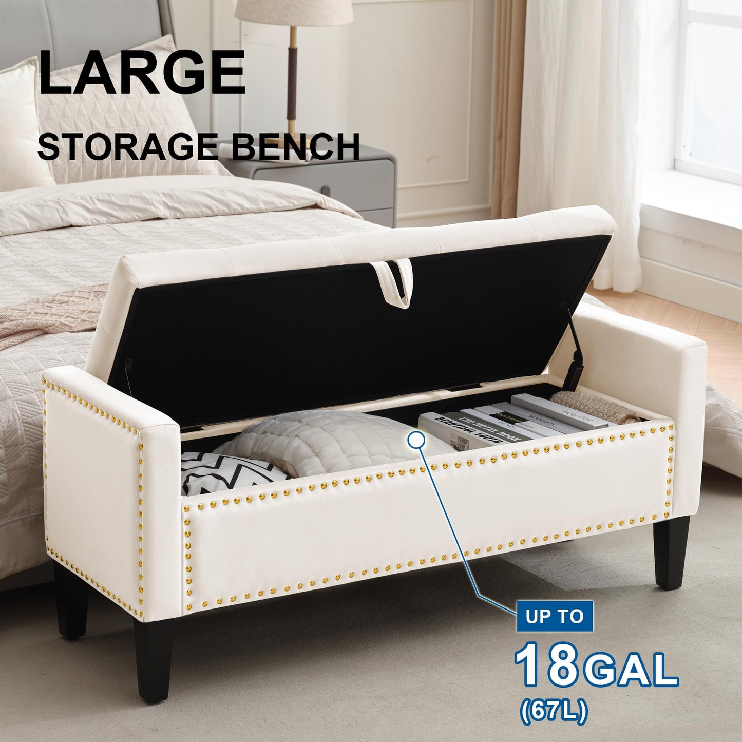 UDAX Storage Ottoman Bench, Velvet Upholstered Footstool for Bedroom and Living Room, Tufted Seat with Storage, Wooden Legs & Metal Rivets, Beige