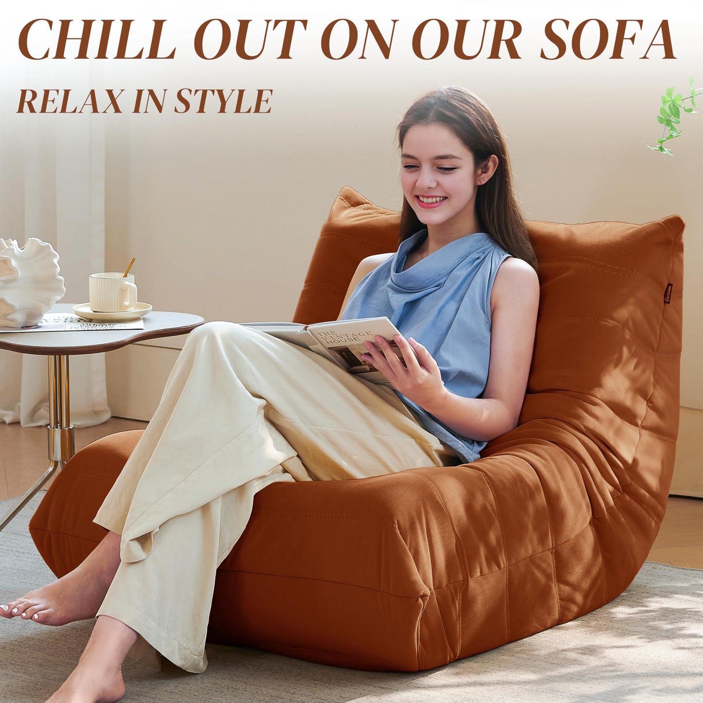 Bean Bag Chair, Fireside Chair Bean Bag Sofa for Adults, Bean Bag Chairs for Teens with High-Resilience Foam, Memory Foam & Non-Slip Base Bean Bag for Living Room, Bedroom, Office (Suede,Burnt Orange)