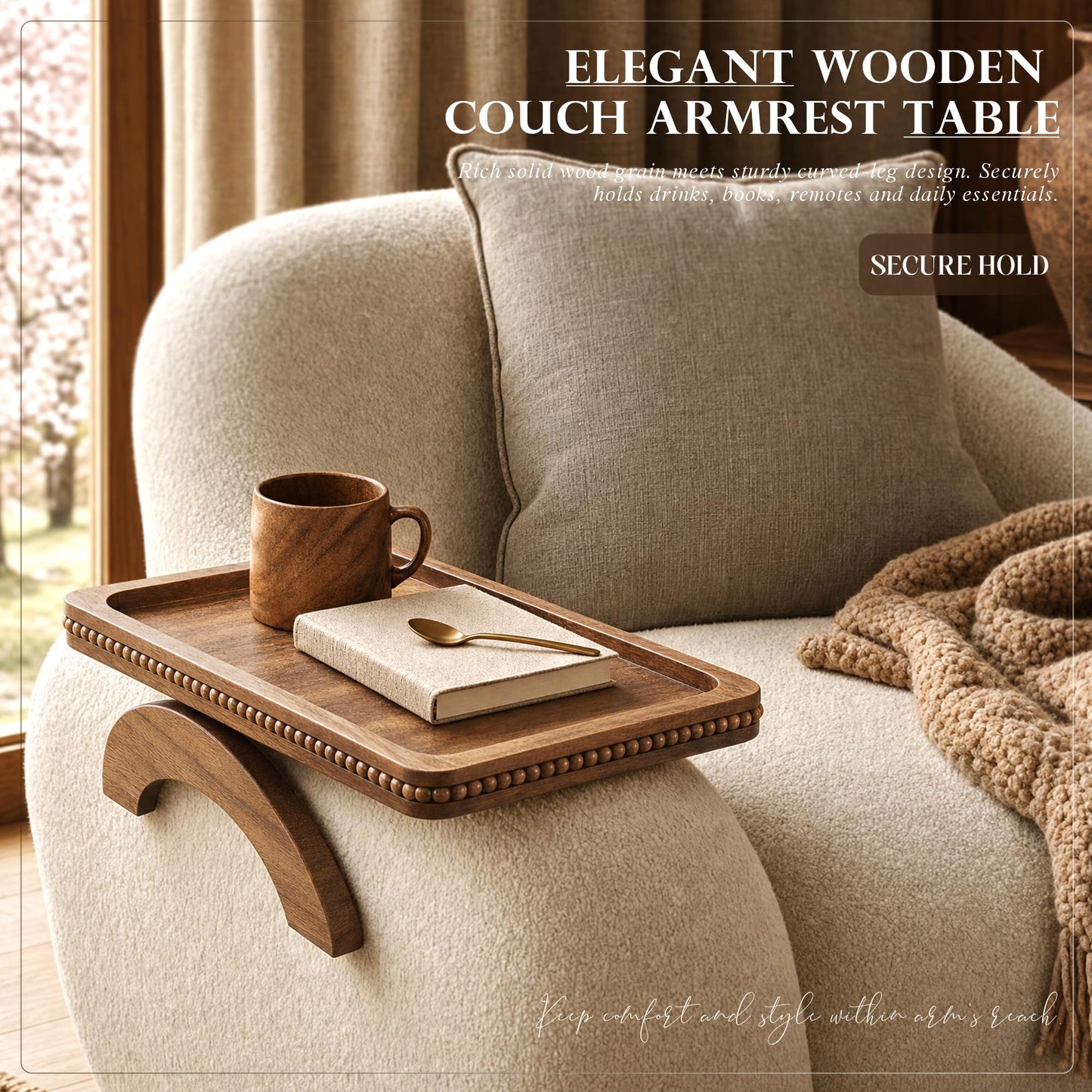 Acacia Wood Couch Tray with Beaded Edge for Home Decor - Foldable Sofa Armrest Tray as End Table - Couch Armrest Table with Anti-Slip Legs for Drink, Snacks (Acacia, 13"x9"x1")