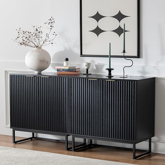 EYYTHUNG Fluted Storage Cabinets Set of 3, Sideboard Buffet Cabinet Modern