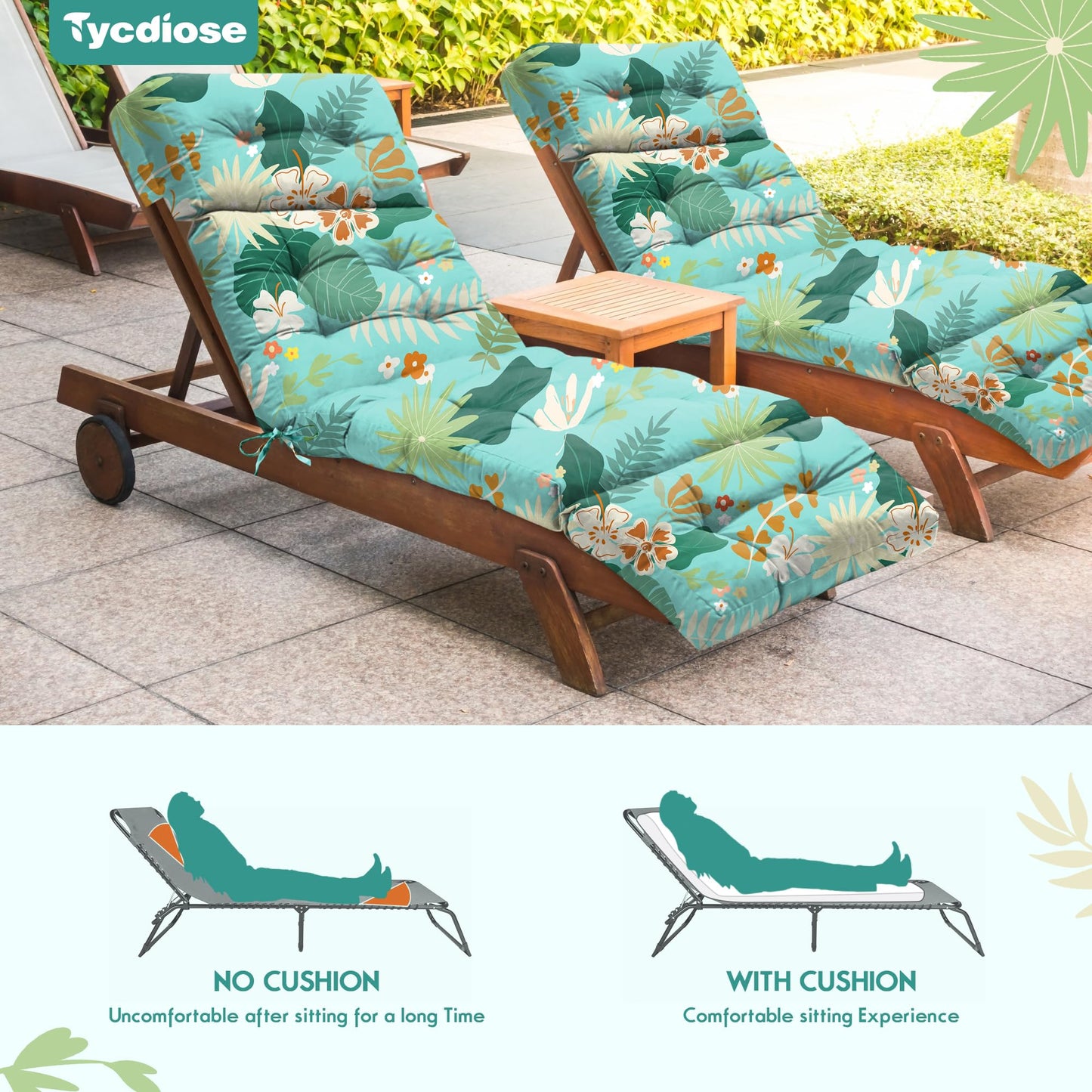 Tycdiose Outdoor Chaise Lounge Chair Cushion Waterproof 74.4 x 22 x 4.7 Inches Thickened Memory Foam Patio Lounge Chair Cushions Replacement for Outdoor Furniture with Ties, Cyan Floral Leaf
