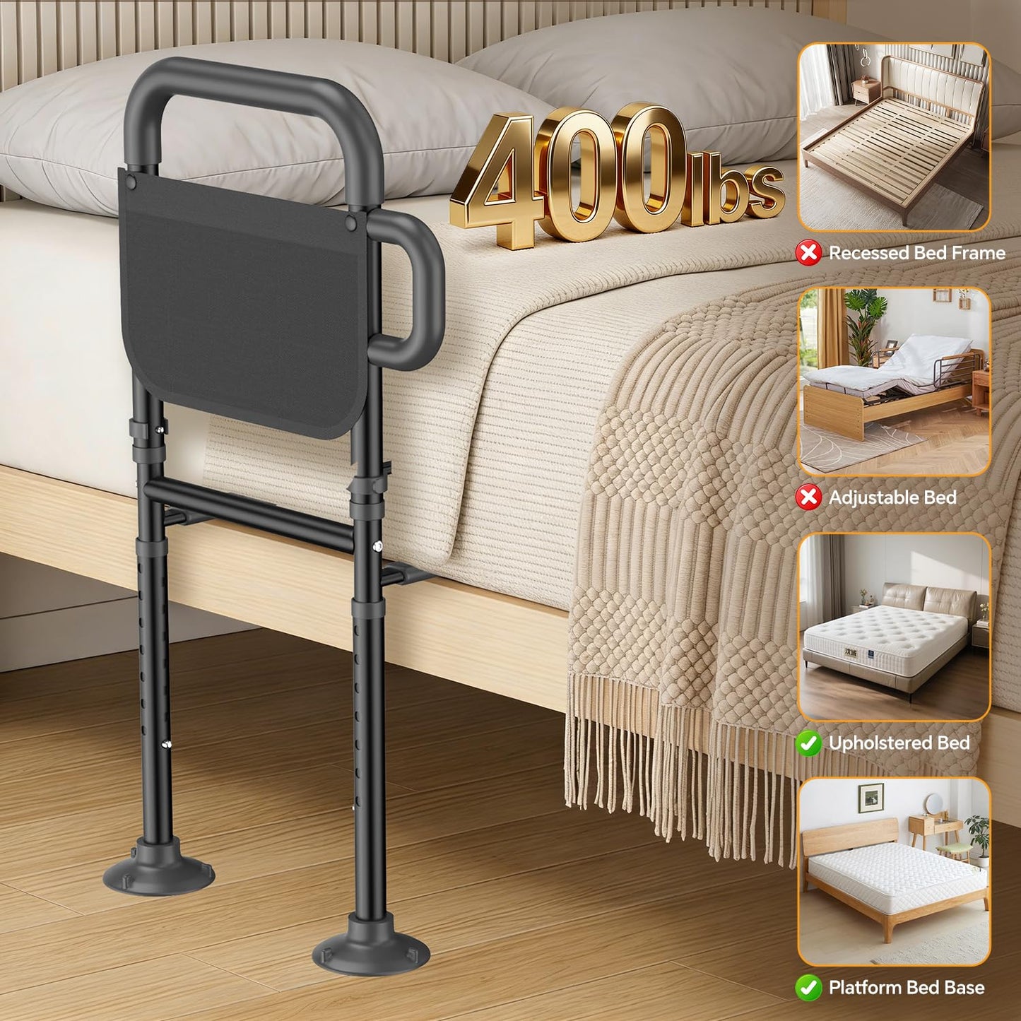 OUWEJHGH Bed Rails for Elderly Adults Safety – Adjustable Height Bed Assist Rail for Seniors, 400lb Capacity, ASTM Approved, Non-Slip Handle, Fixing Strap & Storage Pocket (Twin/Full/Queen/King)