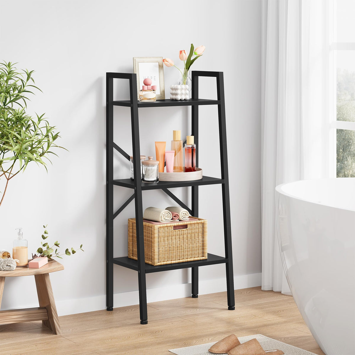 Hoctieon 3-Tier Industrial Ladder Bookshelf, Narrow Ladder Shelf, Tall Standing Bookshelf, Skinny Open Ladder Shelf, for Living Room, Home Office, Kitchen, Bedroom, Metal Frame, Black