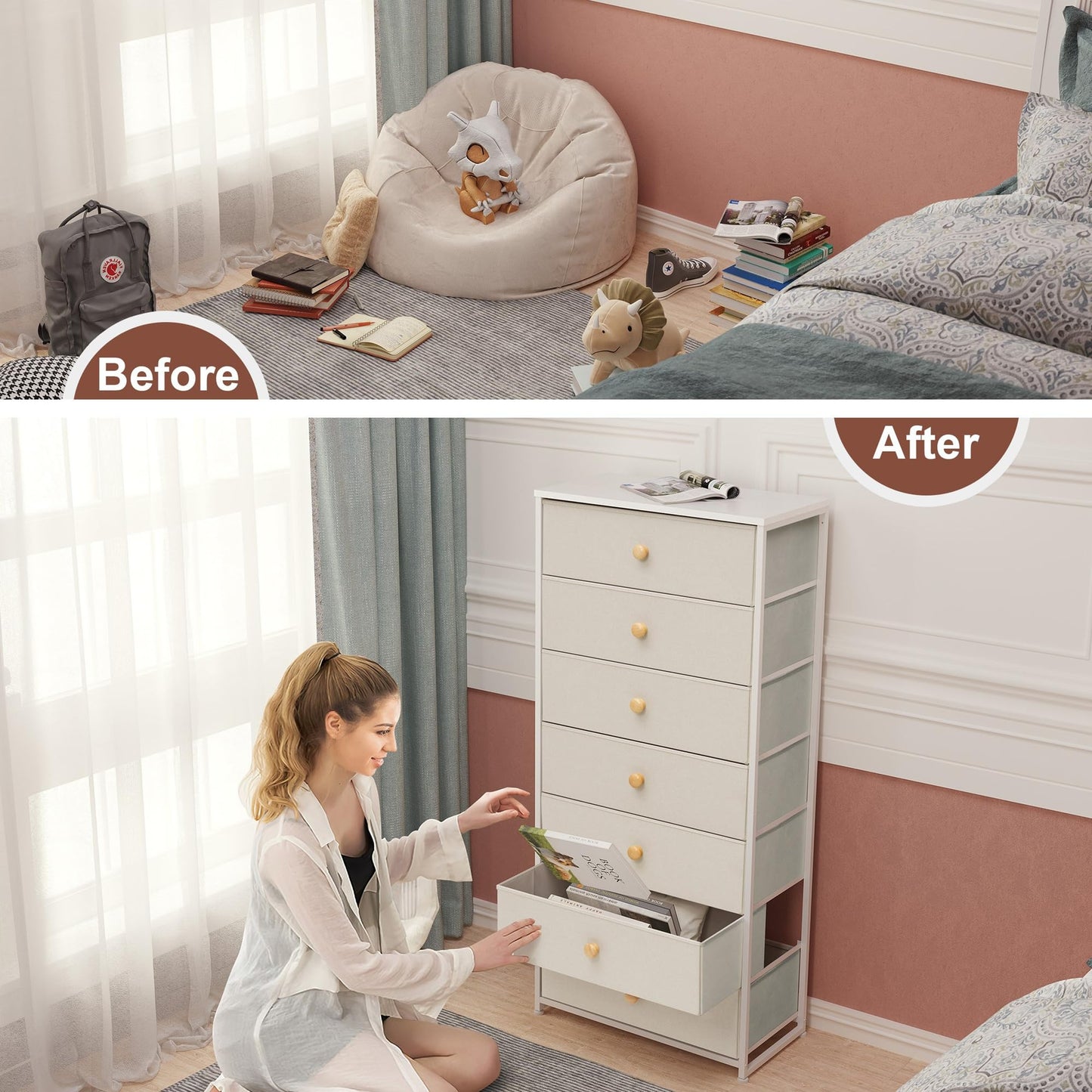 Crestlive Products Tall Dresser, 7-Drawer Wide Fabirc Storage Tower, Chests of Drawers - Vertical Organizer Unit for Bedroom, Hallway, Entryway, Nursery, Wood Top, Closets with Handles (Beige)