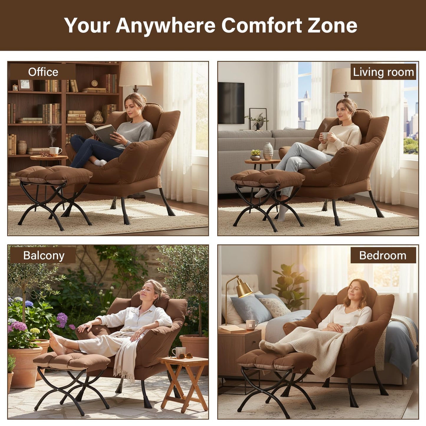 Welnow Lazy Chair with Ottoman, Modern Accent Armchair with Armrests and a Side Pocket, Leisure Sofa Armchair Set, Reading Chair with Footrest for Small Space, Dark Brown