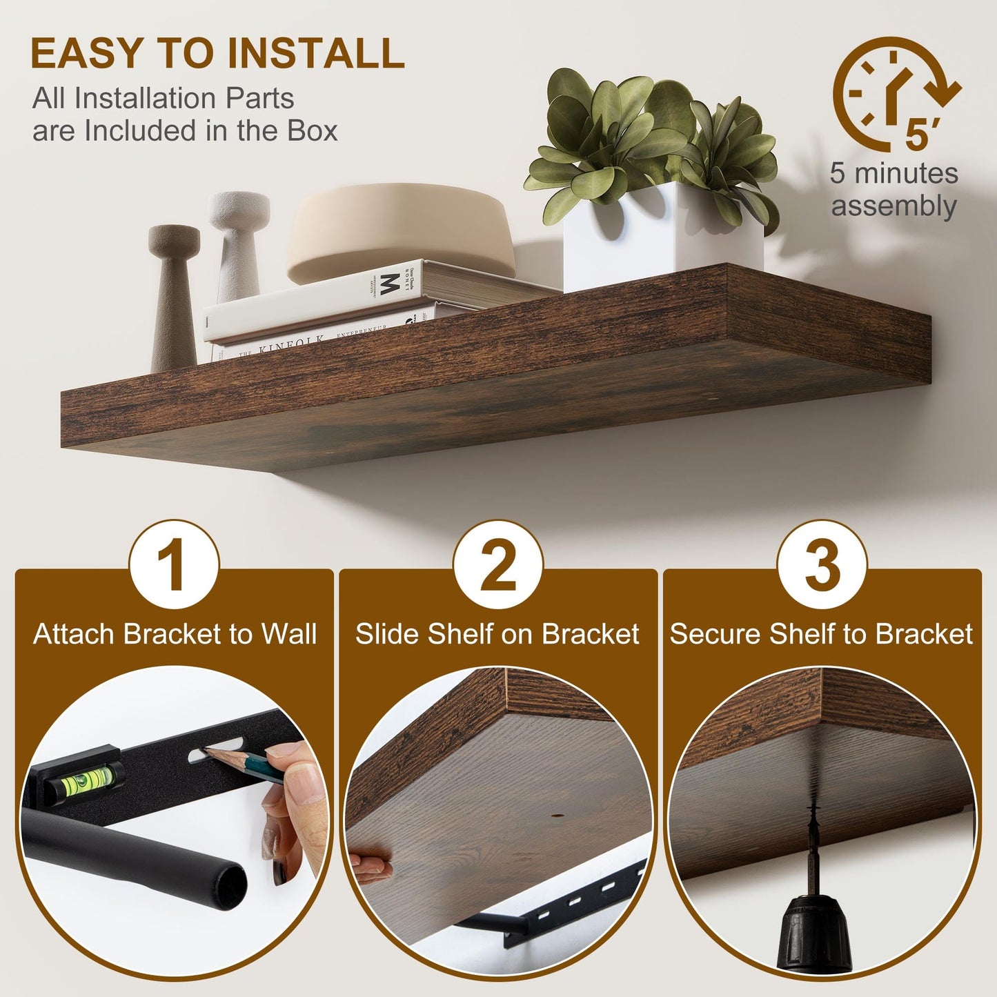 Fun Memories Floating Shelves for Wall, 20Inch Floating Shelves Set of 2, Hanging Shelf with Invisible Brackets, Wood Shelves for Living Room, Bedroom, Kitchen, Brown