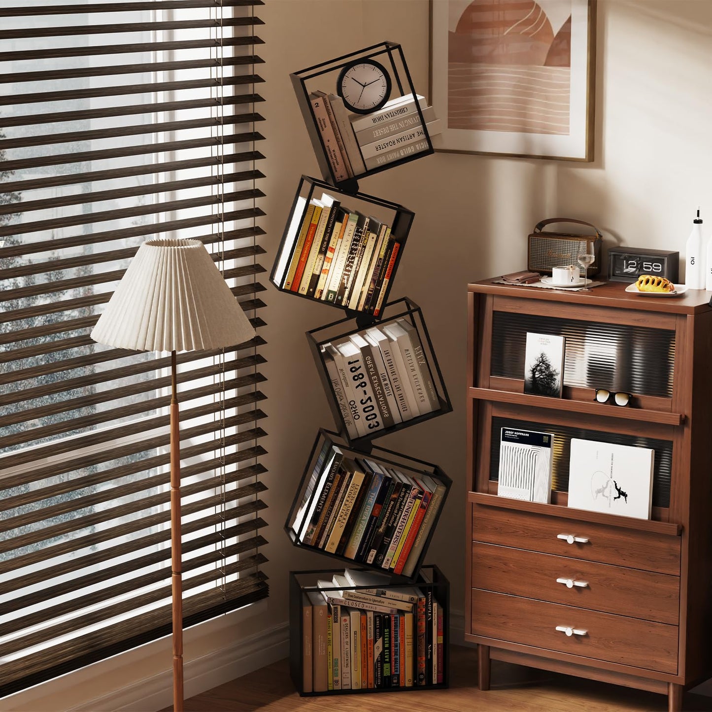 Kunicely 5-Tier Metal Geometric Bookshelf – Modern Narrow Floor Bookcase, Space-Saving Organizer for Living Room, Bedroom, Office, Corner – Black