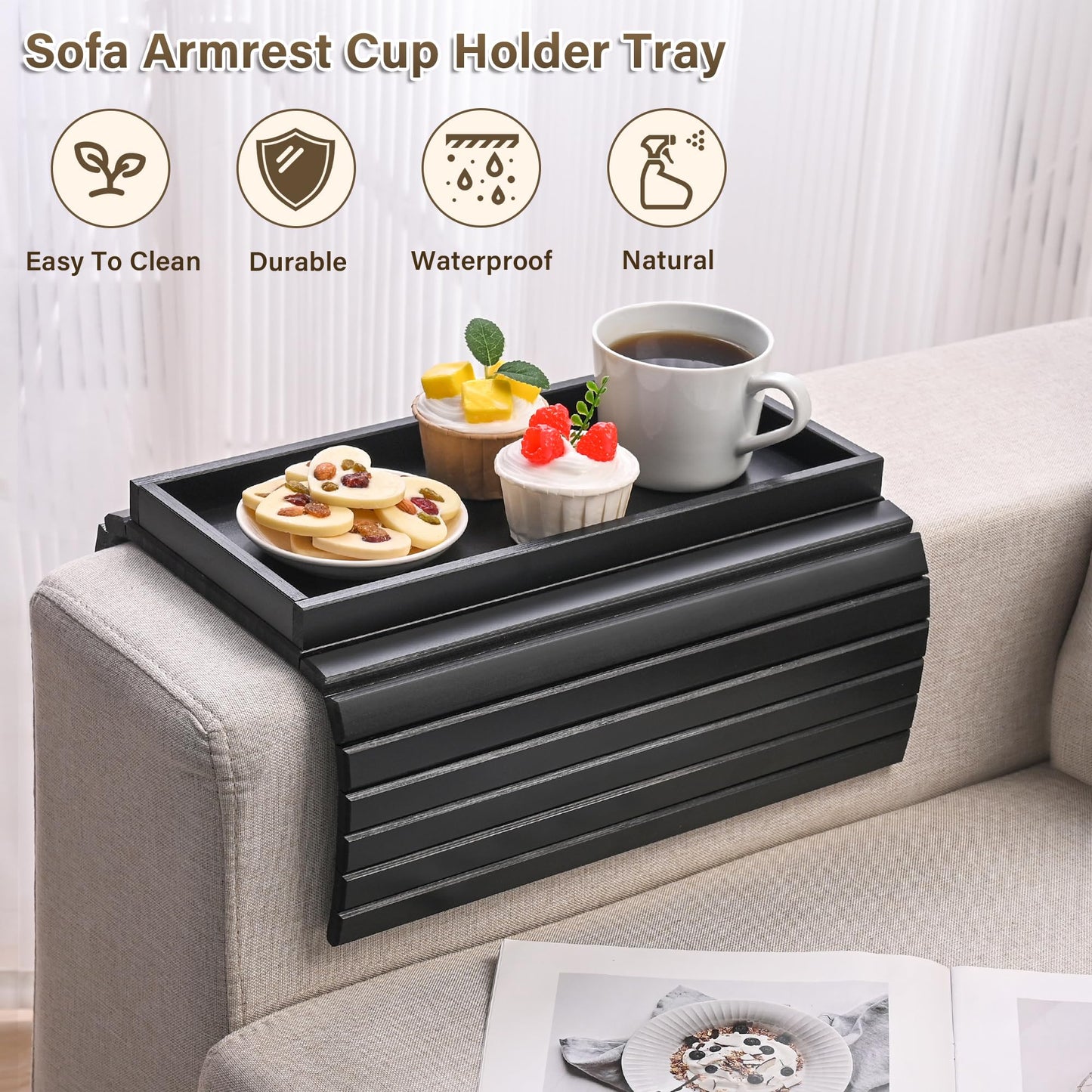 YUBAMIN Bamboo Sofa Arm Tray, Anti-Dropping Couch Arm Tray, Foldable Sofa Armrest Tray Couch Arm Table for Eats, Drinks, Snacks, Remote, Cellphone, Cup Holder, Back Anti-Slip Pad Design