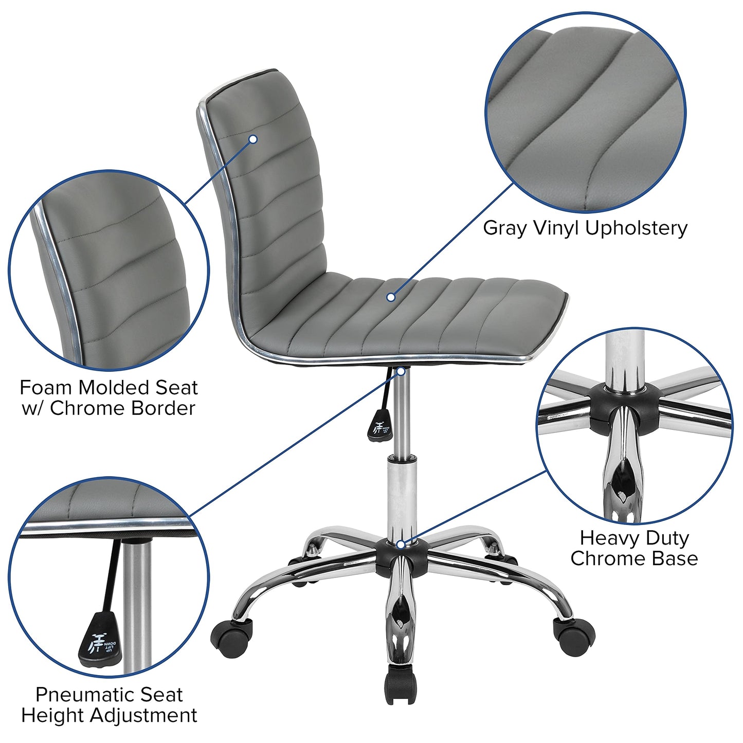 Flash Furniture Alan Low Back Designer Armless Light Gray Ribbed Swivel Task Office Chair