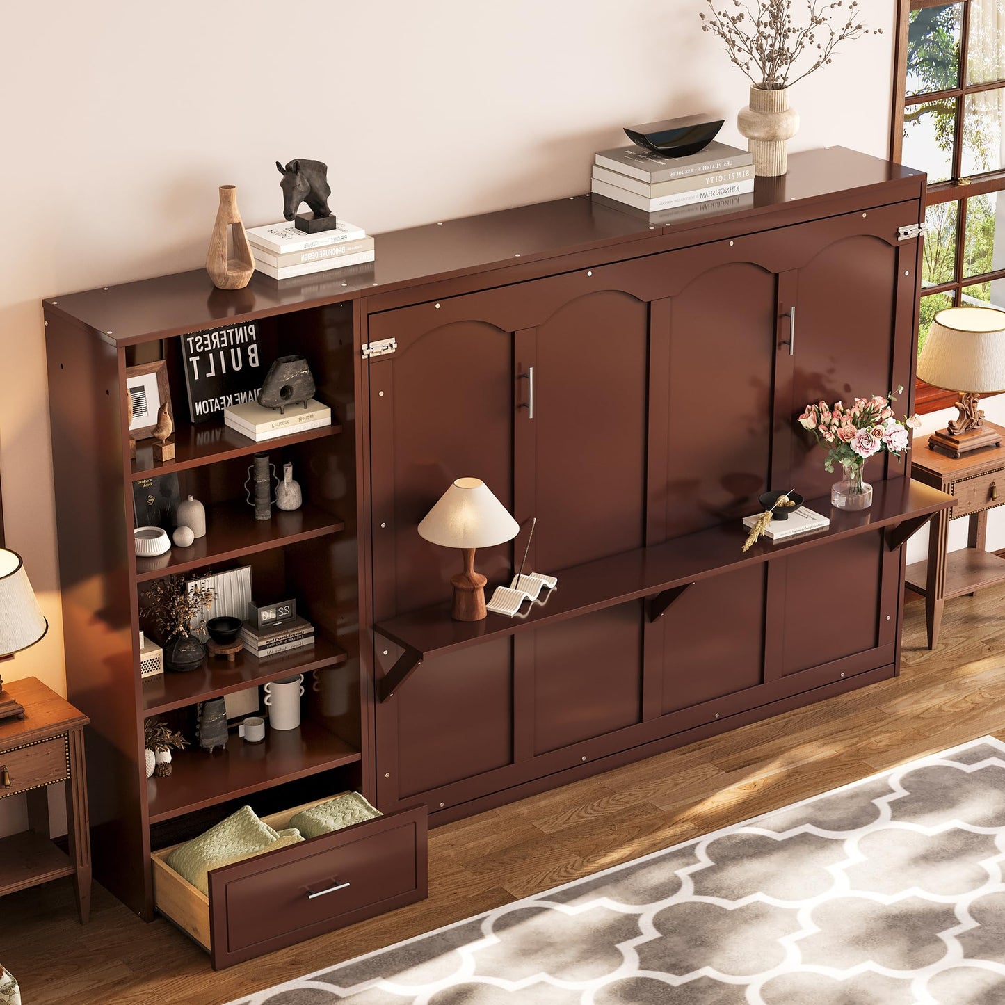 HECATEVIC Queen Size Murphy Bed with Storage, Space-Saving Wall Bed Cabinet with Adjustable Shelves, Foldable Bed Frame with Drawers, Walnut