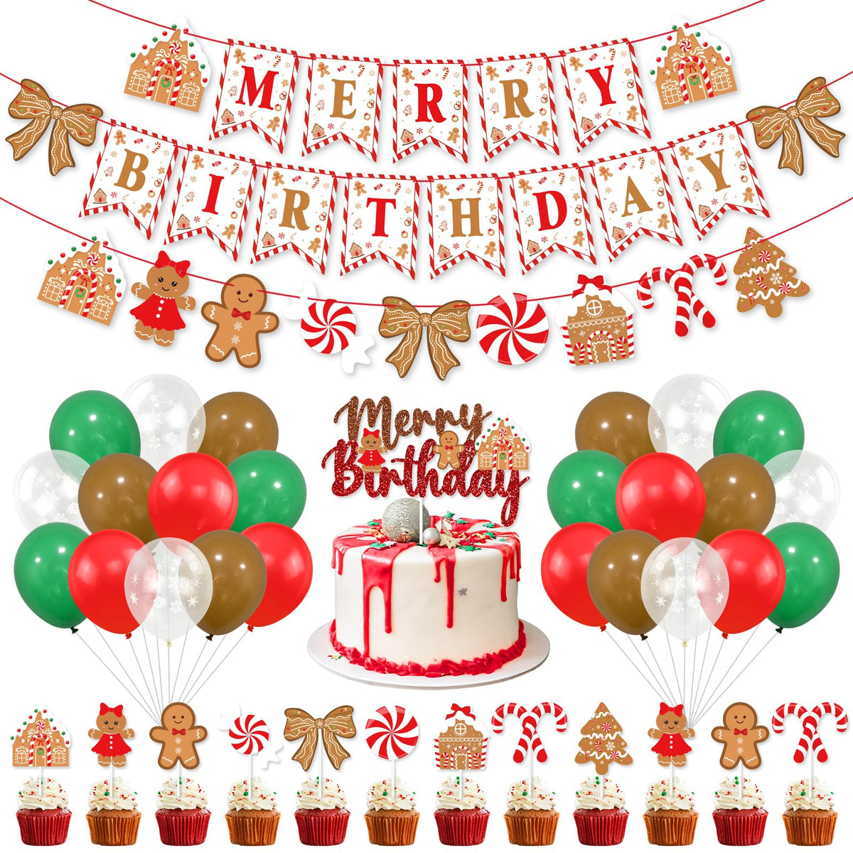 Christmas Birthday Party Decorations, Cute Bows and Gingerbread Merry Birthday Banner Cake Topper Red Green Snowflake Balloons for Gingerbread Christmas Decorations Holiday Party Supplies