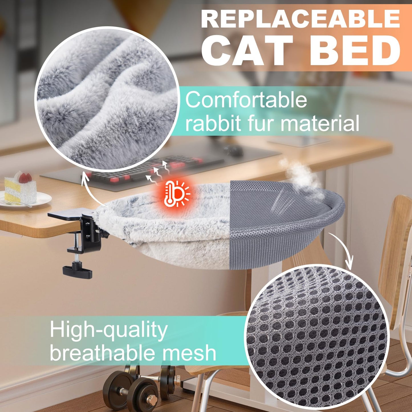 Uross Cat Desk Bed - 180° Rotating Soft & Comfortable Rabbit Fur Bed, Modern Indoor Cat Nest Furniture for Office Desks and Game Tables, Island Table-Supports 50 lbs-(Lightgrey)