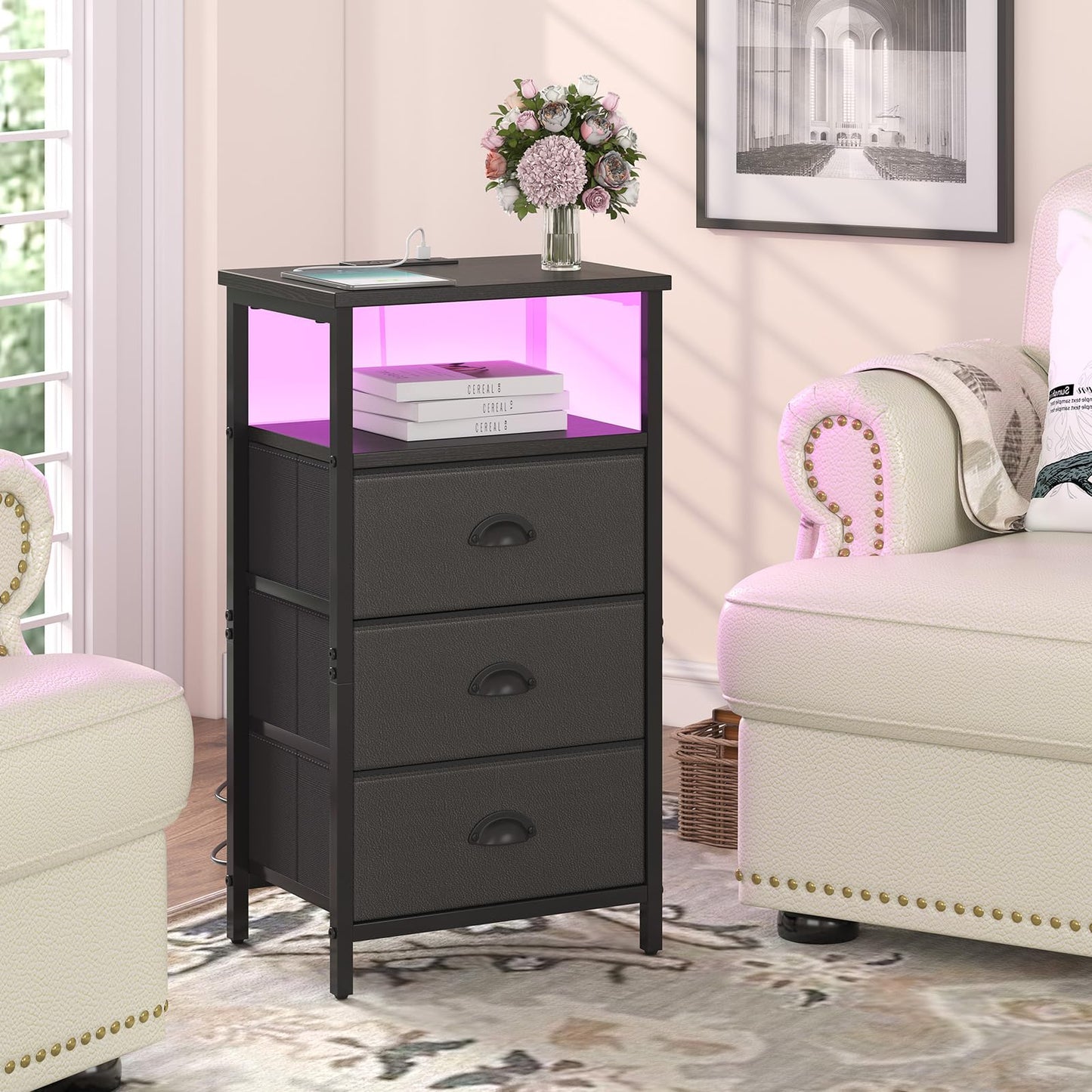 sthmec Nightstand with Charging Station,LED Black Nightstand with 3 Fabric Drawers PU Finish, Bedside End Tables, 2-Tier Open Storage Shelf Side Table Nightstand with Drawers for Bedroom,Black