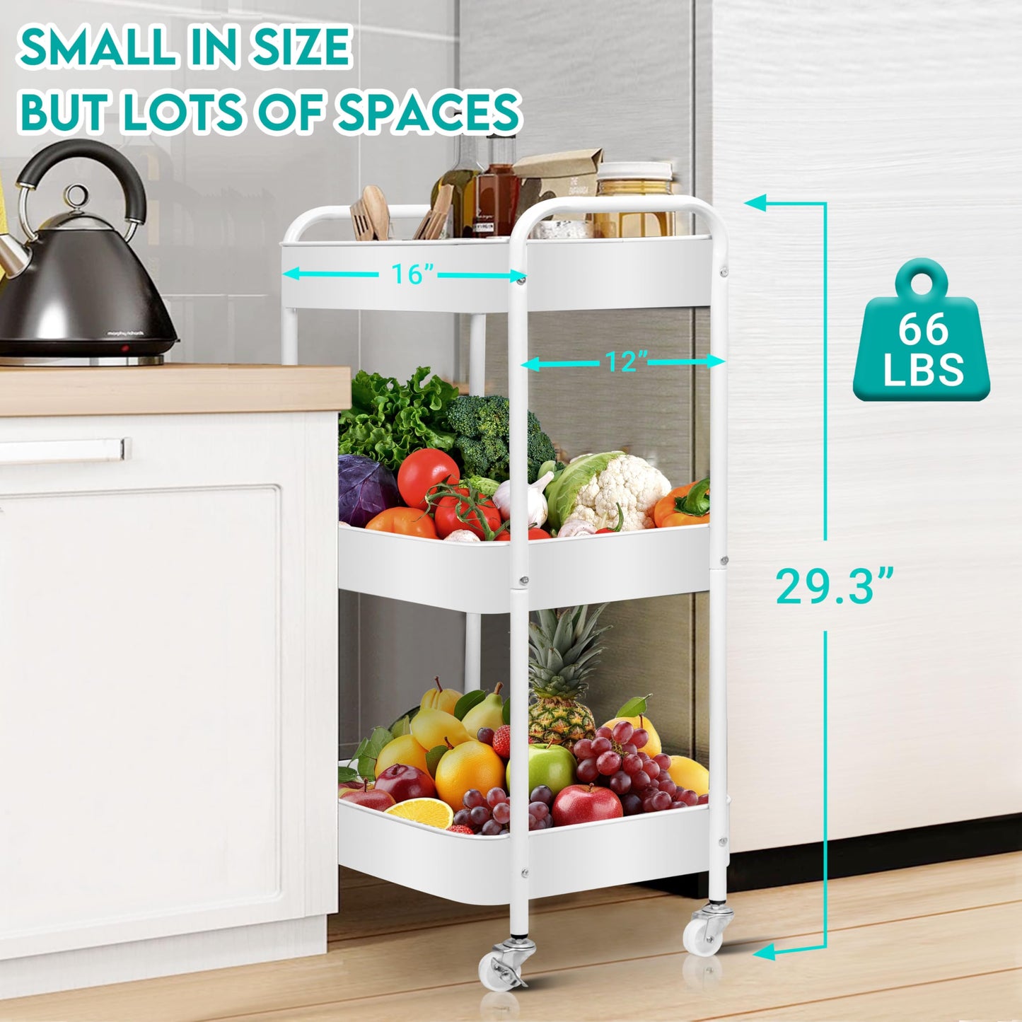 ZOES HOMEWARE 3 Tier Rolling Cart, Metal Utility Cart with 4 Hooks, Rolling Storage Cart on Wheels, Small Organizer Cart for Nursery, Kitchen, Living Room, Bathroom, White