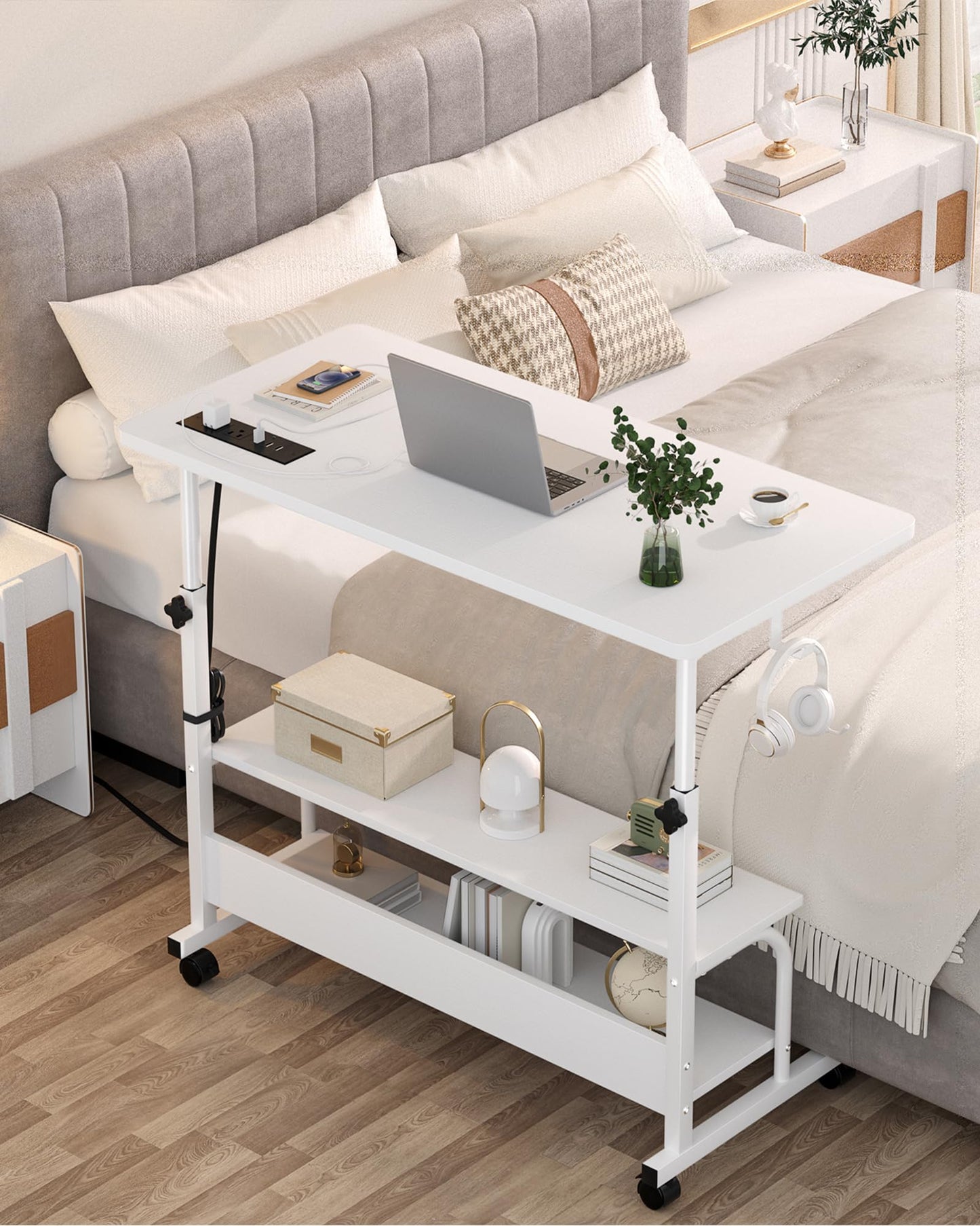 Armocity Rolling Standing Desk with Charging Station, Portable Height Adjustable Mobile Computer Desk with Wheels & 2-Tier Shelves & Hooks, Easy Assembly Laptop Table for Couch Bed, 32" White