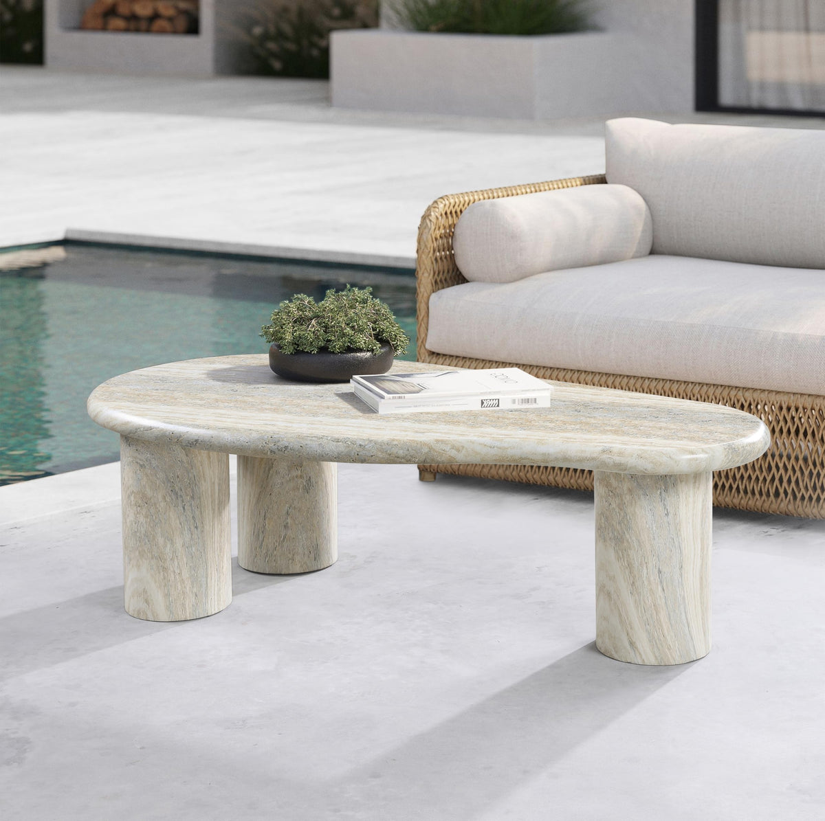 Meridian Furniture 99095Travertine-Ct Sassari Collection Art Deco Indoor/Outdoor Concrete Coffee Table in Travertine Finish, 47.5" W X 24" D X 16" H, Travertine