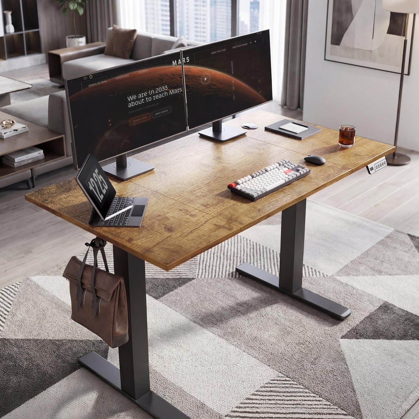 Claiks Electric Standing Desk, Adjustable Height Stand up Desk, 48 * 24 Inches Sit Stand Home Office Desk with Splice Board, Black Frame/Vintage Brown Top