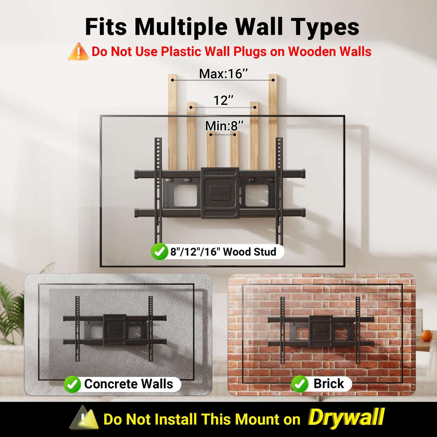 BONTEC Full Motion TV Wall Mount for 37-85 Inch TVs, Hold up to 132lbs, Heavy Duty Swivel Tilt TV Mount, Articulating Dual Arm Wall Mount TV Bracket, Max VESA 600x400mm, Fits 16" Wood Studs