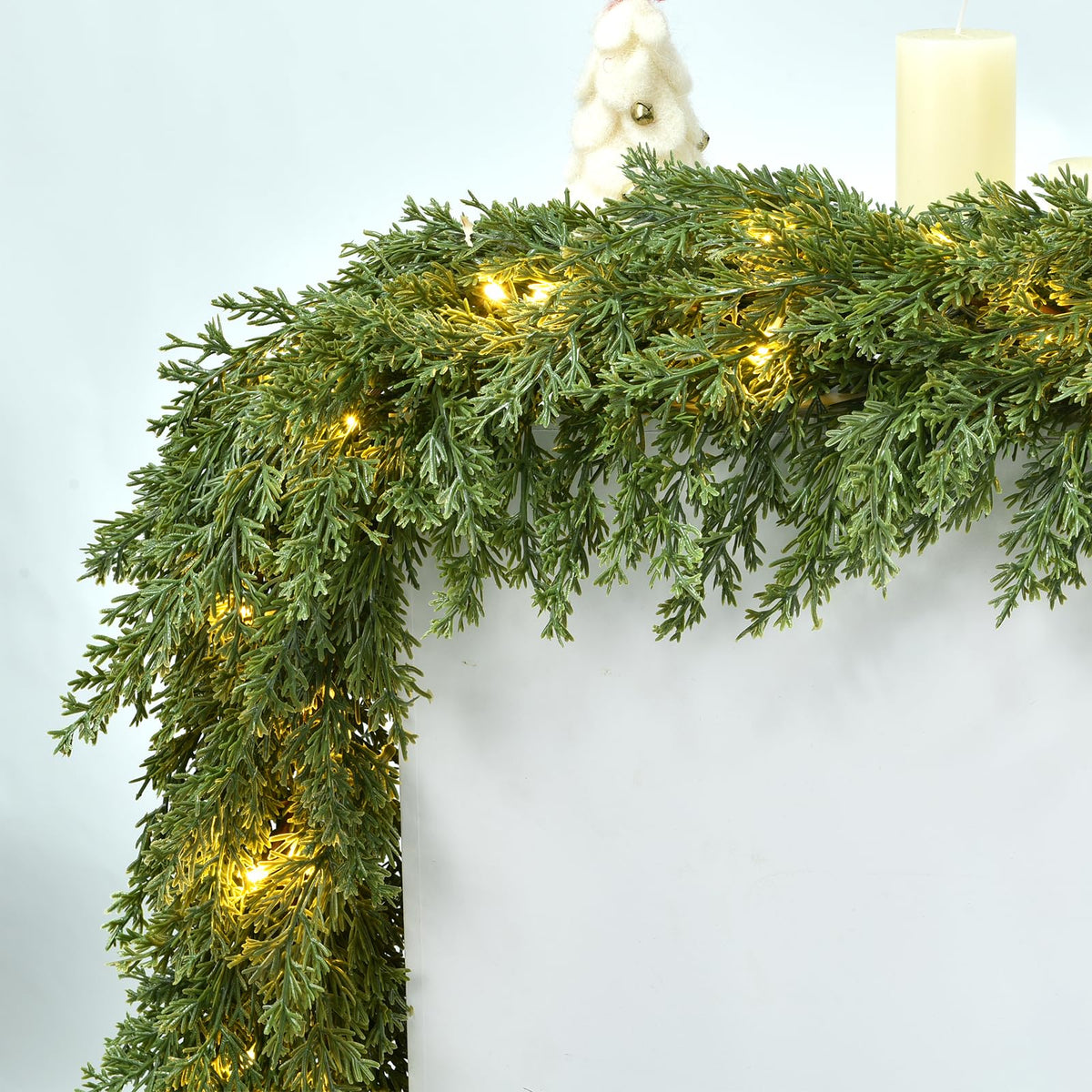 Lvydec Lighted Christmas Pine Garland Decoration, 9ft Realistic Cedar Cypress Garlands Christmas Greenery Garland with Lights for Holiday Mantel Fireplace Table Centerpiece (9ft)