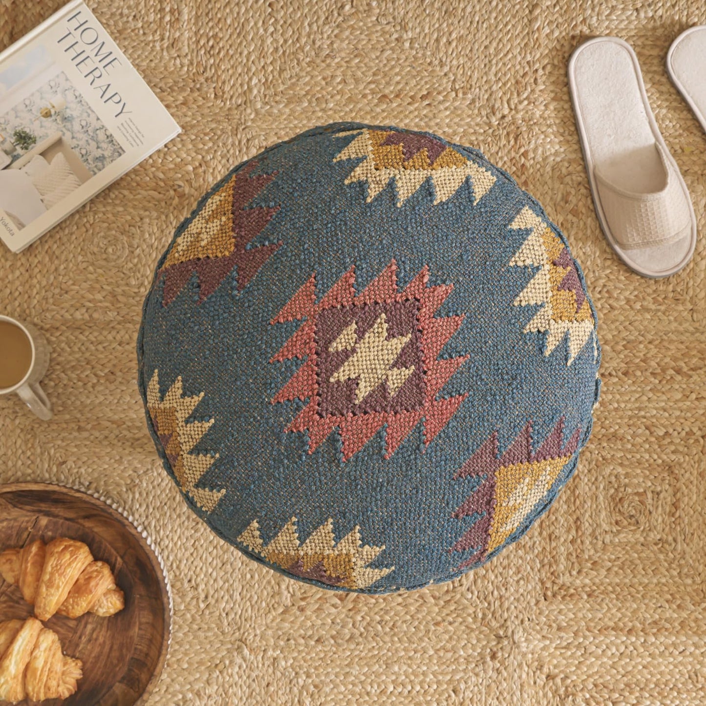 NATURAL FURNISH Handmade Kilim Jute Pouf Ottoman Stool | Round Upholstered Seating with Acacia Wood Base | Decorative Foot Rest for Living Room, Bedroom, Hallway, Office & Lounge (Grey)