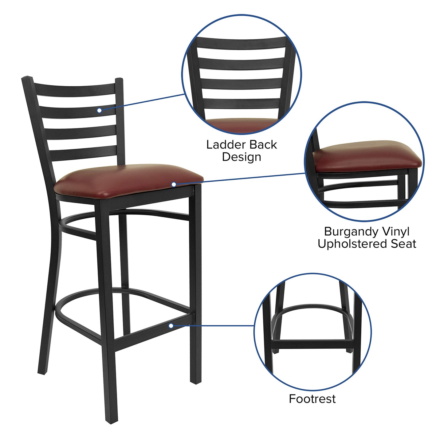 Flash Furniture HERCULES Series Black Ladder Back Metal Restaurant Barstool - Burgundy Vinyl Seat (Pack of 2)