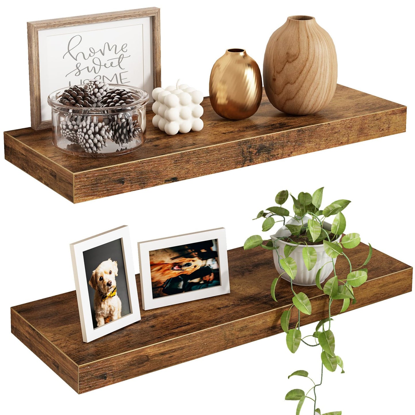 Fixwal Floating Shelves for Wall, 15.7" Wood Wall Mounted Shelves for Living Room, Bedroom, Bathroom and Kitchen, for Storage, Books, Room Decor (Rustic Brown, Set of 2)