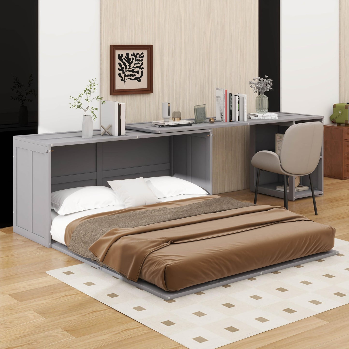 YunNianYang Queen Size Murphy Bed with Rotable Desk (Gray)