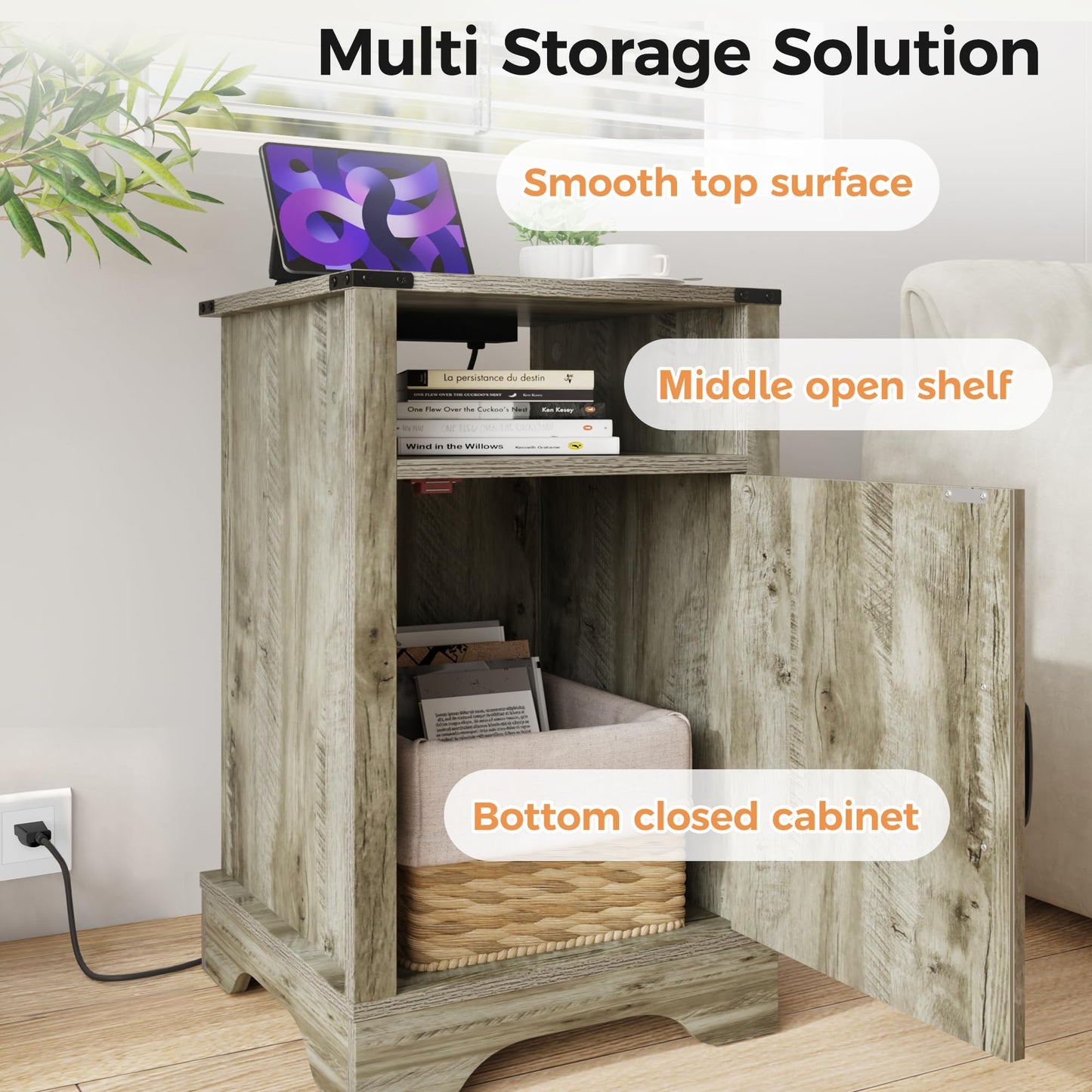 RoyalCraft Tall Farmhouse Nightstand with Charging Station, Grey End Table with Storage, Large Wooden Rustic Bedside Table for Bedroom, Home Office, Light Grey