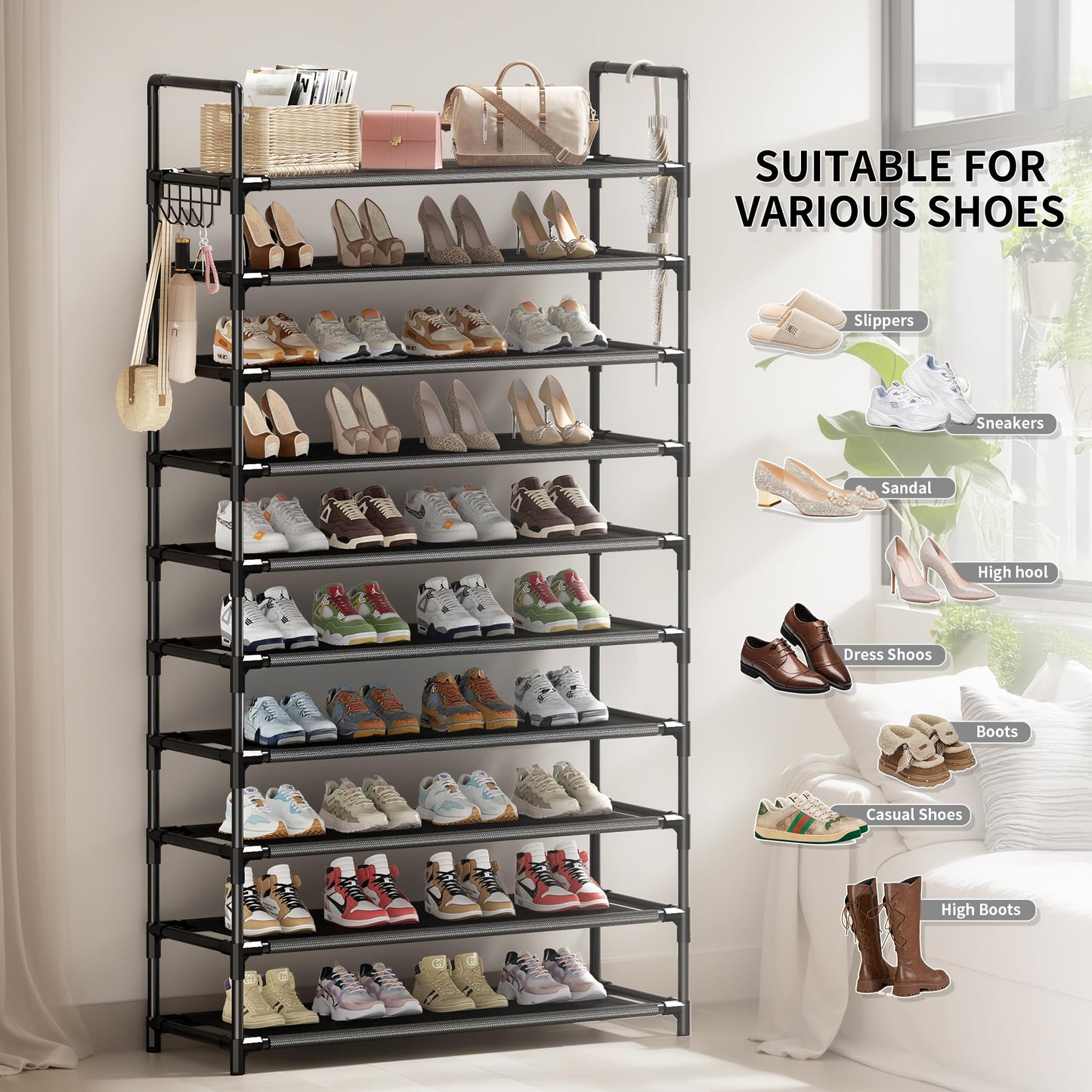 SRRSO Shoe Rack, 10 Tier Shoe Storage Organizer with Hooks,Fit 40-45 Pairs Shoes,Nonwoven Fabric Tall Shoe Shelf for Closet,Entryway, Hallway,Garage,Bedroom,Cloakroom