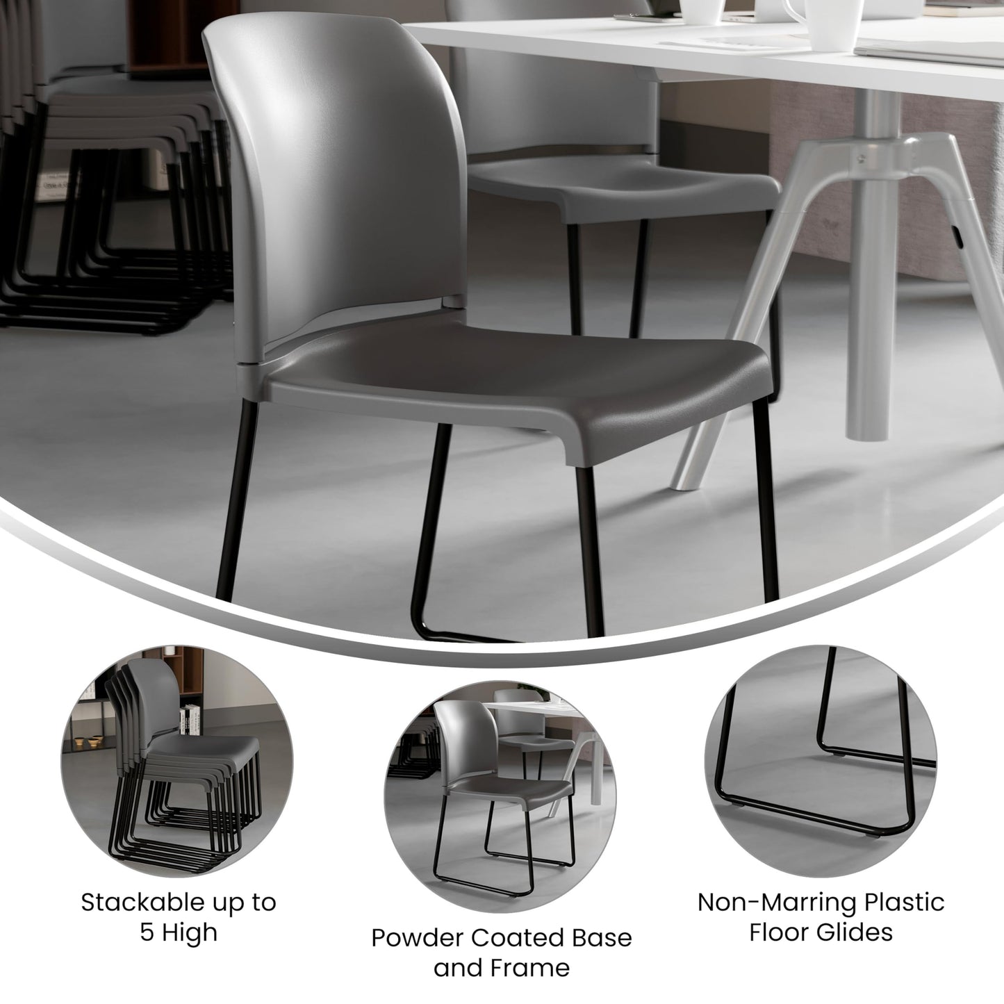 Flash Furniture HERCULES Series 880 lb. Capacity Gray Full Back Contoured Stack Chair with Black Powder Coated Sled Base